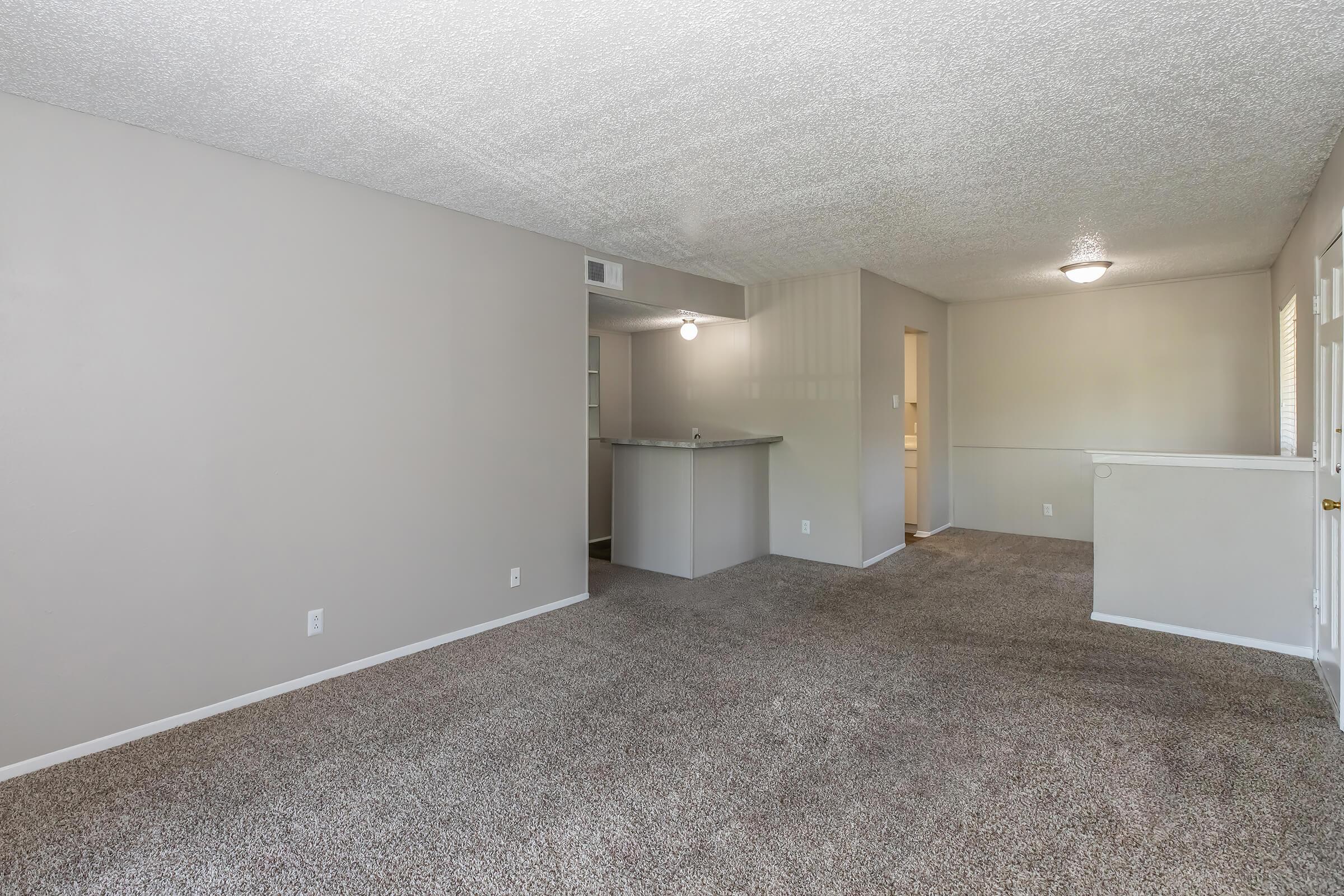 Spacious, light-filled living area with neutral-colored walls and carpet. Open layout featuring a small breakfast bar that connects to a kitchen area, with a doorway leading to an adjacent room. Bright lighting fixtures enhance the welcoming atmosphere. Ideal for cozy gatherings or relaxation.