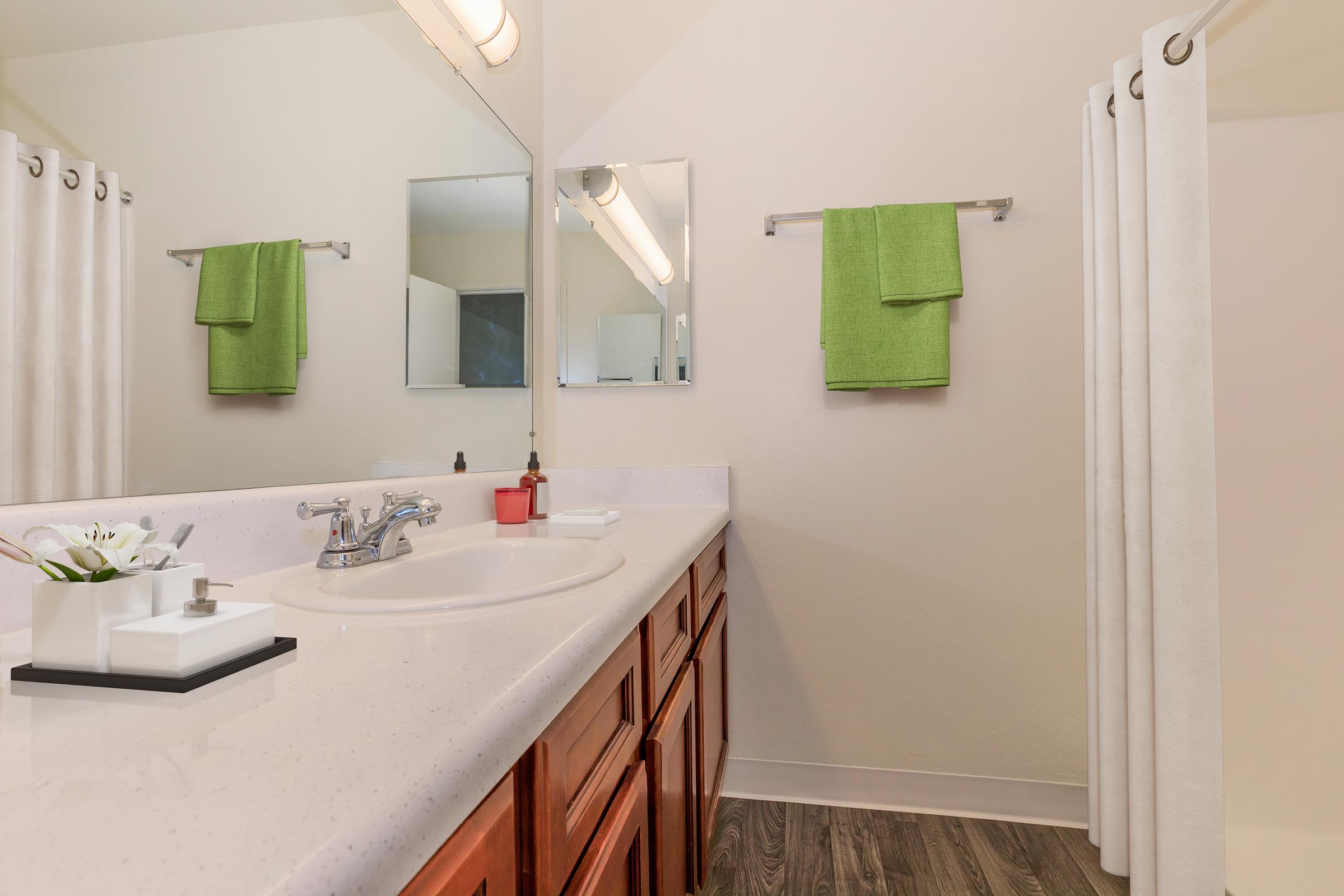 A modern bathroom featuring a double sink vanity with wooden cabinets, a large mirror above, and neatly arranged toiletries. Two green towels hang on the wall, and a decorative tray with a small plant and soap dispenser sits on the counter. The flooring is dark wood, and the walls are light-colored.