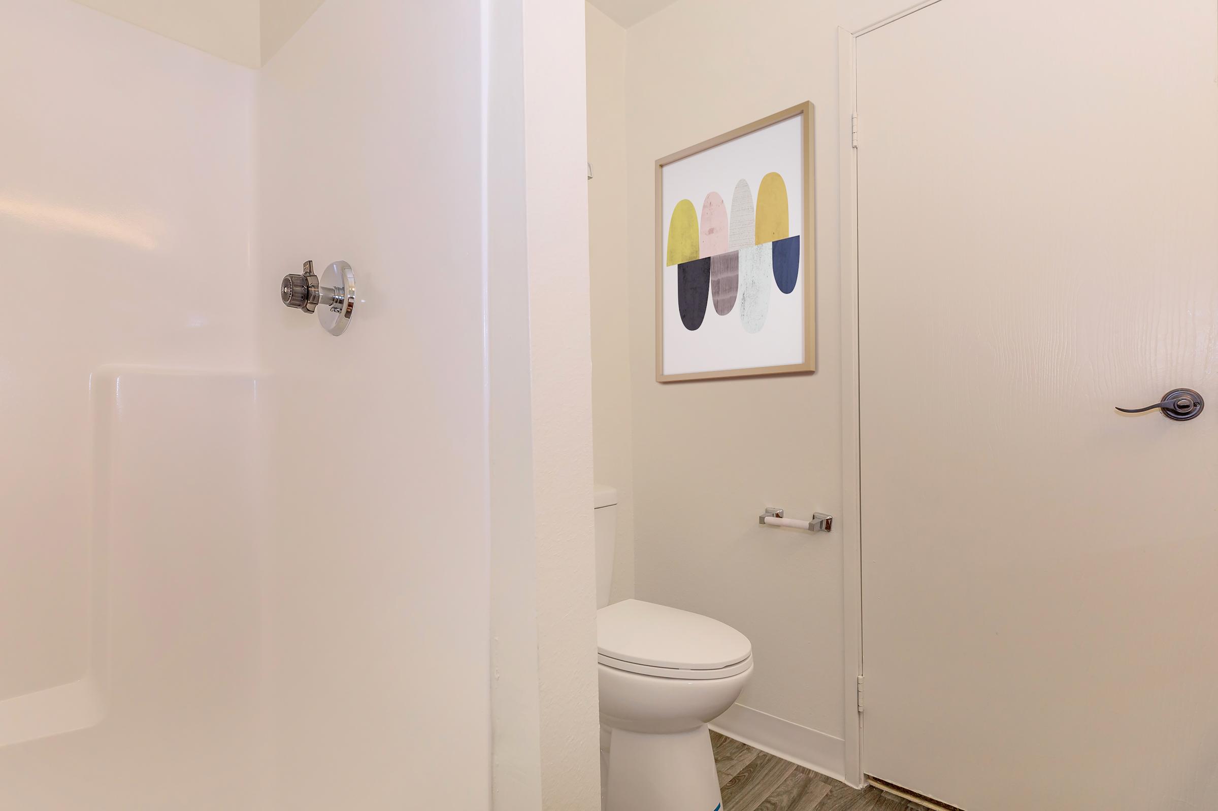 A clean bathroom featuring a shower stall, a toilet, and a closed door. A colorful abstract framed artwork is mounted on the wall, adding a modern touch to the minimalist space. The floor is tiled with a wood-like finish, and the overall lighting is bright and welcoming.