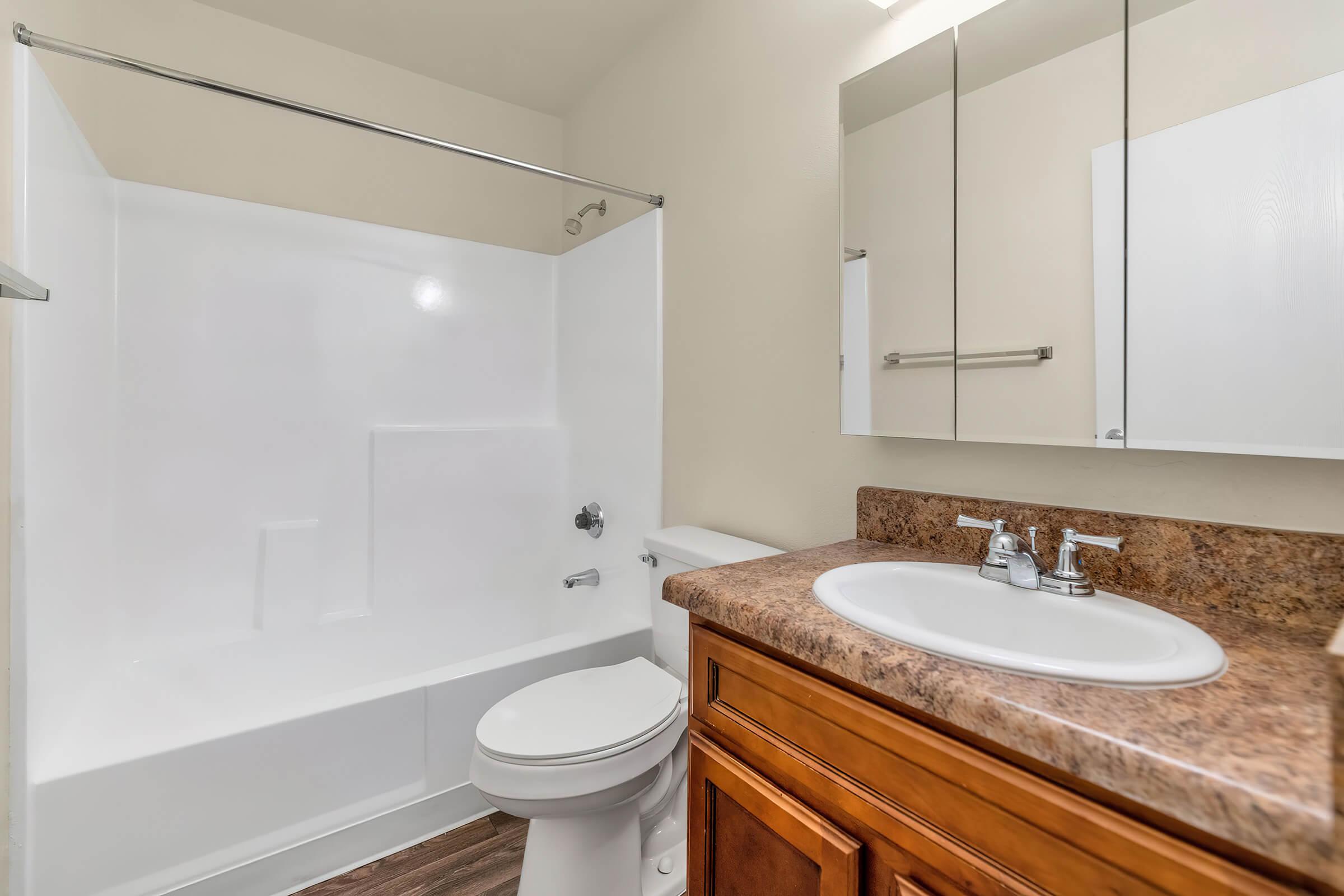 A clean and modern bathroom featuring a white bathtub and shower combination, a wooden vanity with a round sink, and a toilet. The walls are painted in a light color, and there is a large mirror above the sink along with a small shelf for storage.