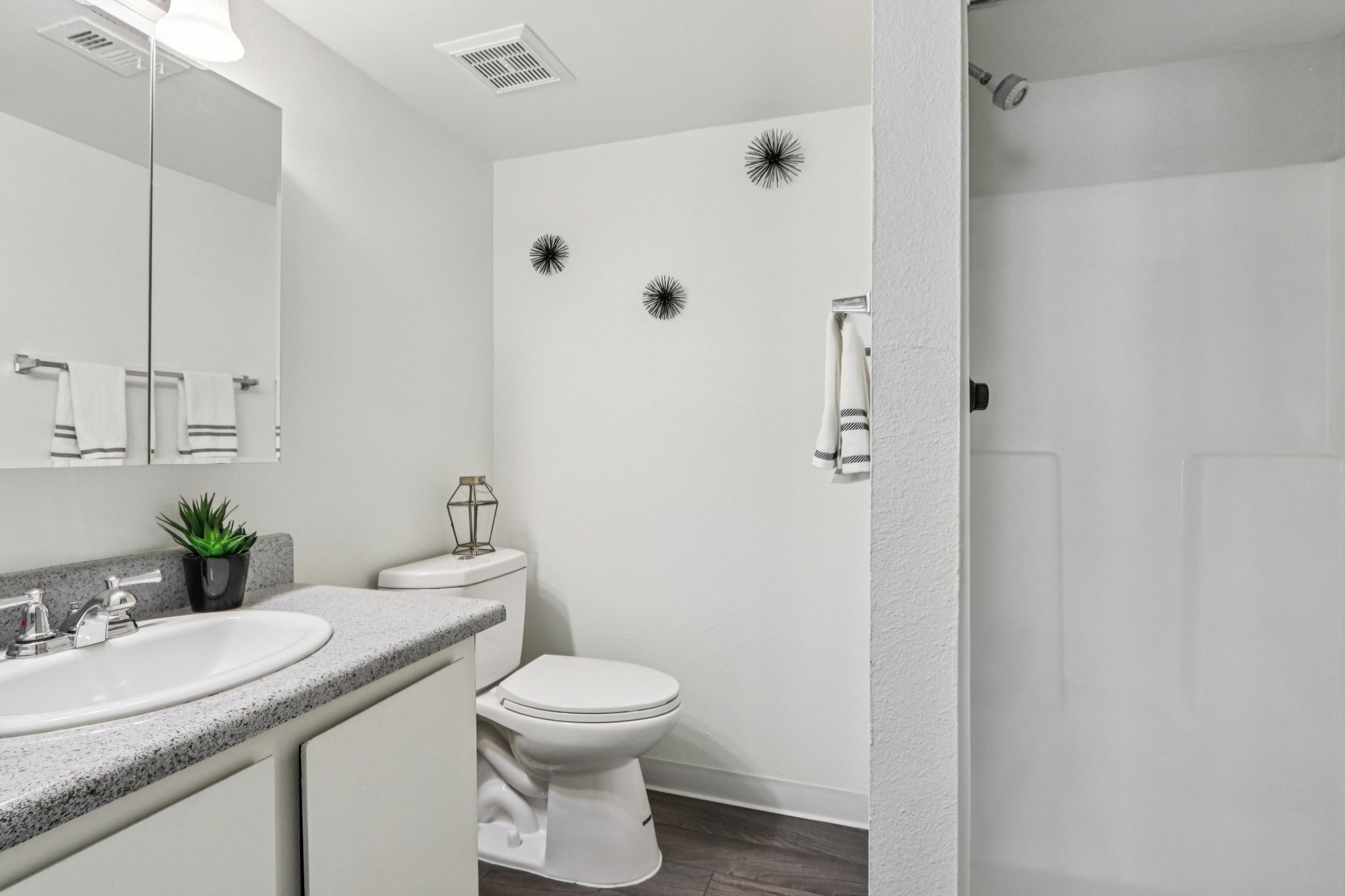 A modern bathroom featuring a white sink with a mirror above, a toilet, and a walk-in shower. The walls are light-colored, and there are decorative black wall accents. A small green plant and a stylish lantern are placed on the countertop, adding a touch of decor to the space.