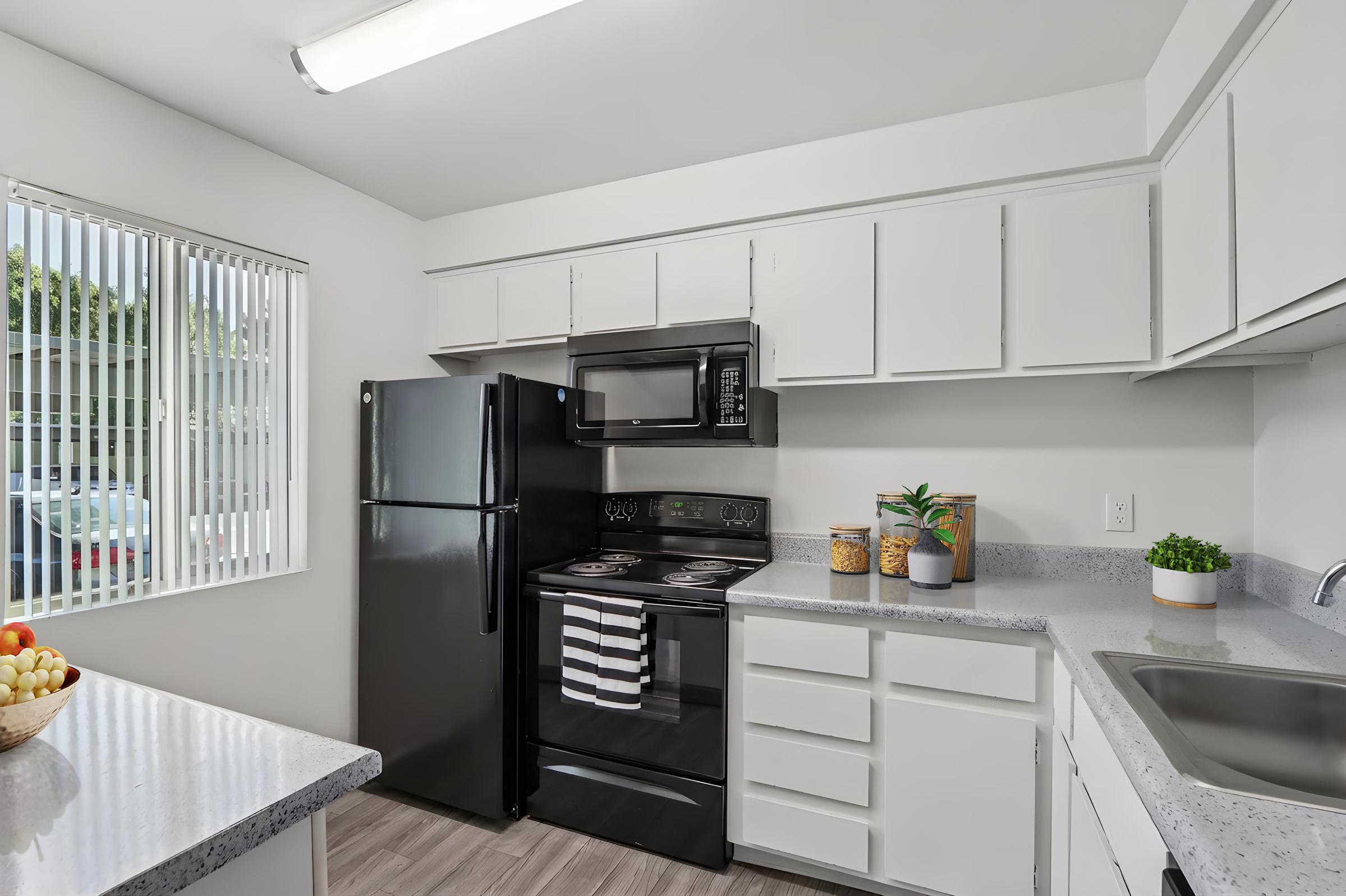 Modern kitchen featuring a black refrigerator and stove, a microwave above the stove, white cabinetry, and a gray countertop. Natural light comes through a window with vertical blinds. A fruit bowl is placed on the counter, and a potted plant adds a touch of greenery.