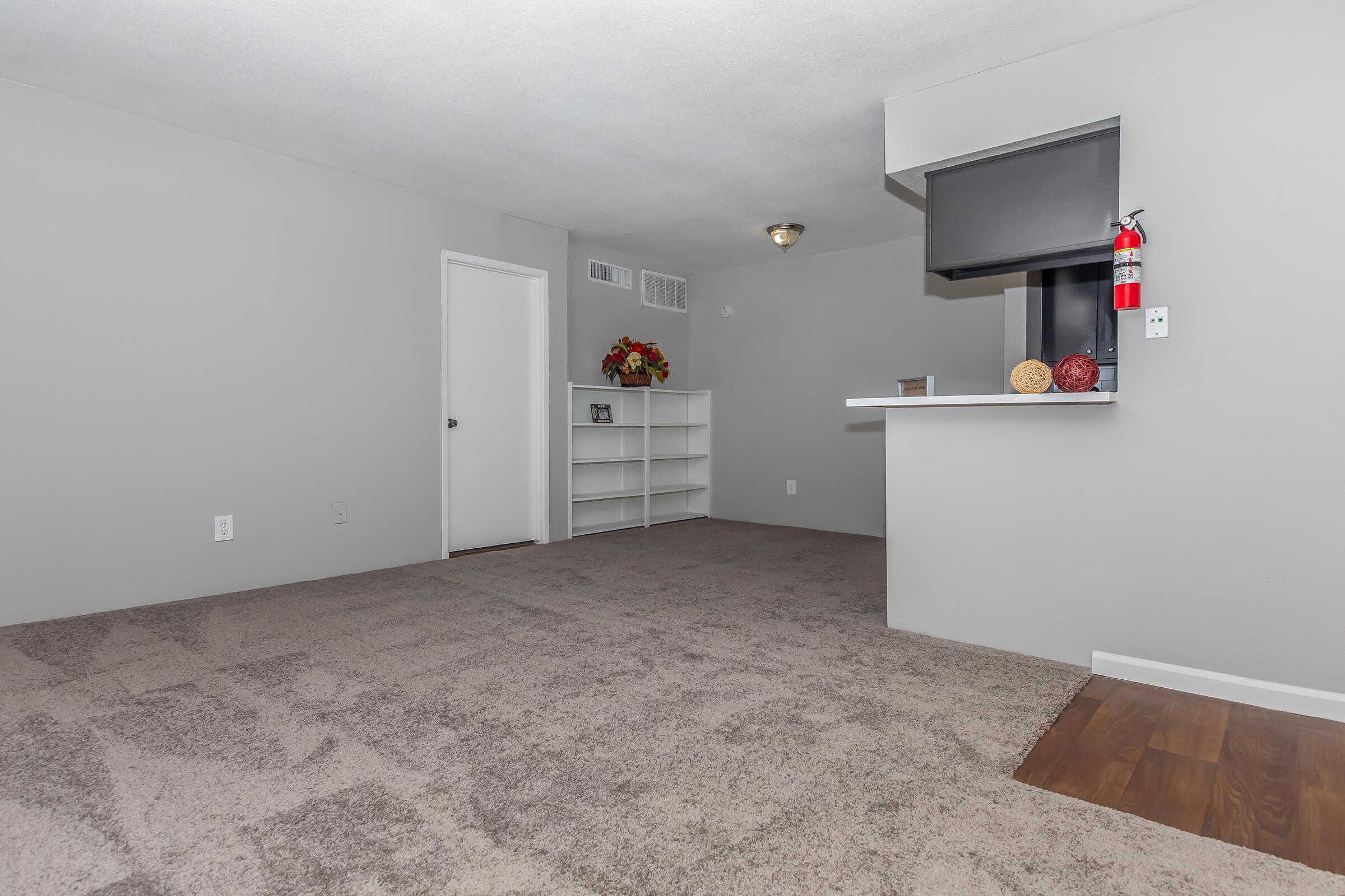 A spacious living room with light gray walls and carpet. It features a small kitchen area with a counter, a white shelving unit, and a decorative arrangement of flowers on the counter. There is a closed white door on the left and a wall-mounted fire extinguisher nearby. The floor transitions to a darker wood finish.