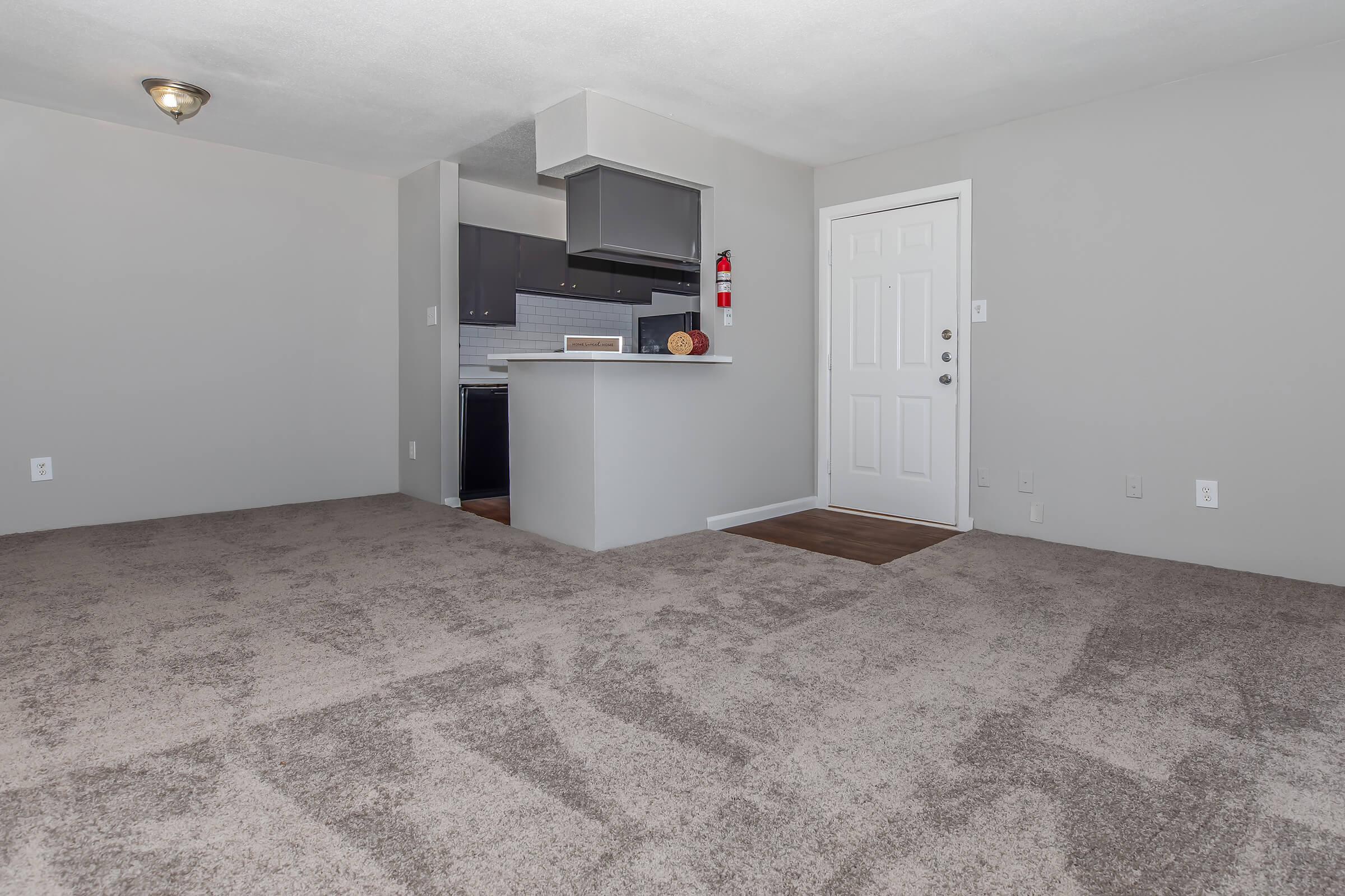 A spacious, empty living room features light gray walls and plush carpet. A small kitchen area with dark cabinets is visible in the background, along with a white door leading outside. Natural light illuminates the space, creating a welcoming atmosphere.