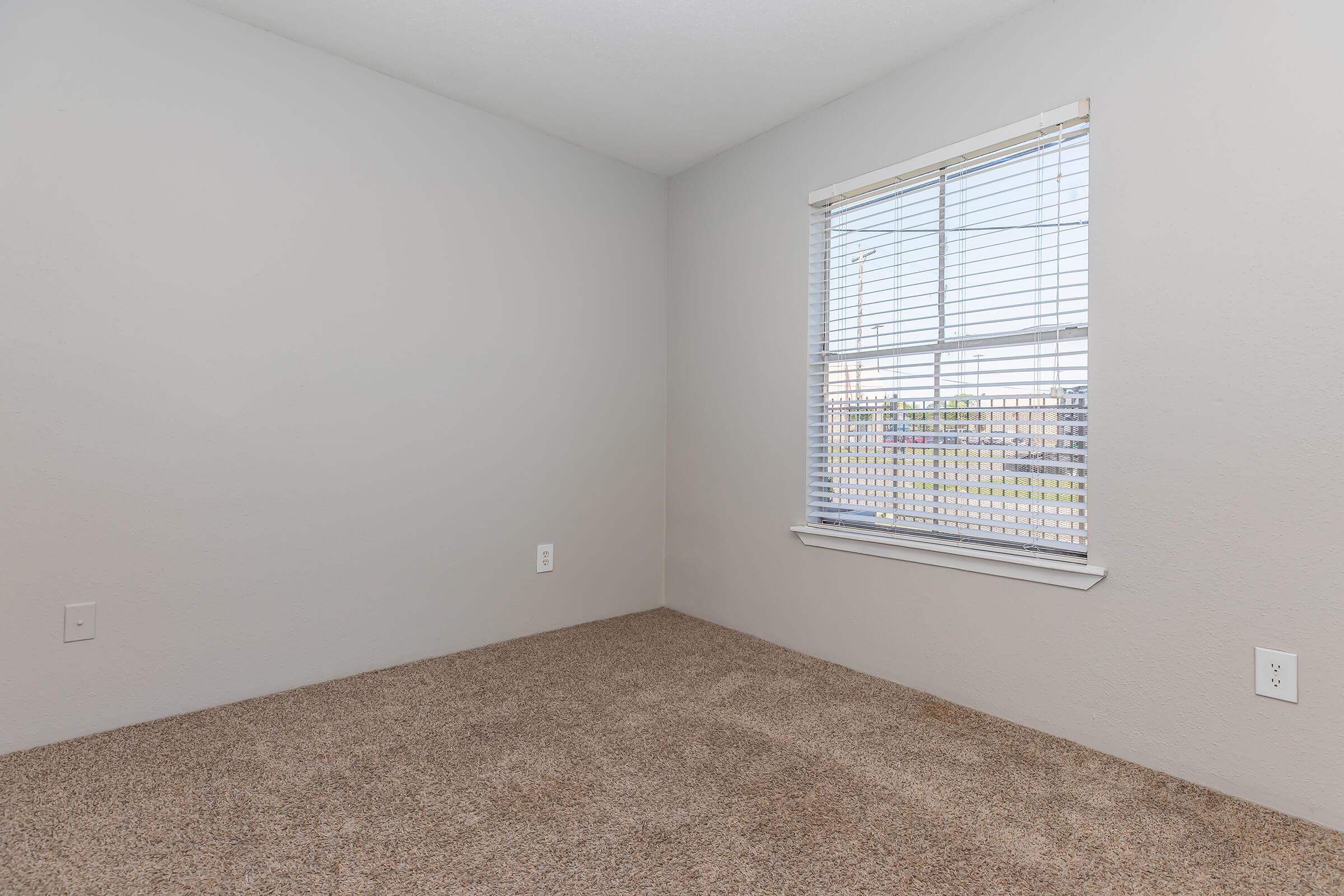 Empty room with light gray walls and a carpeted floor. A window with blinds allows natural light into the space, and there's a view of the outdoors. The room appears spacious and ready for furnishings, featuring electrical outlets on the walls.