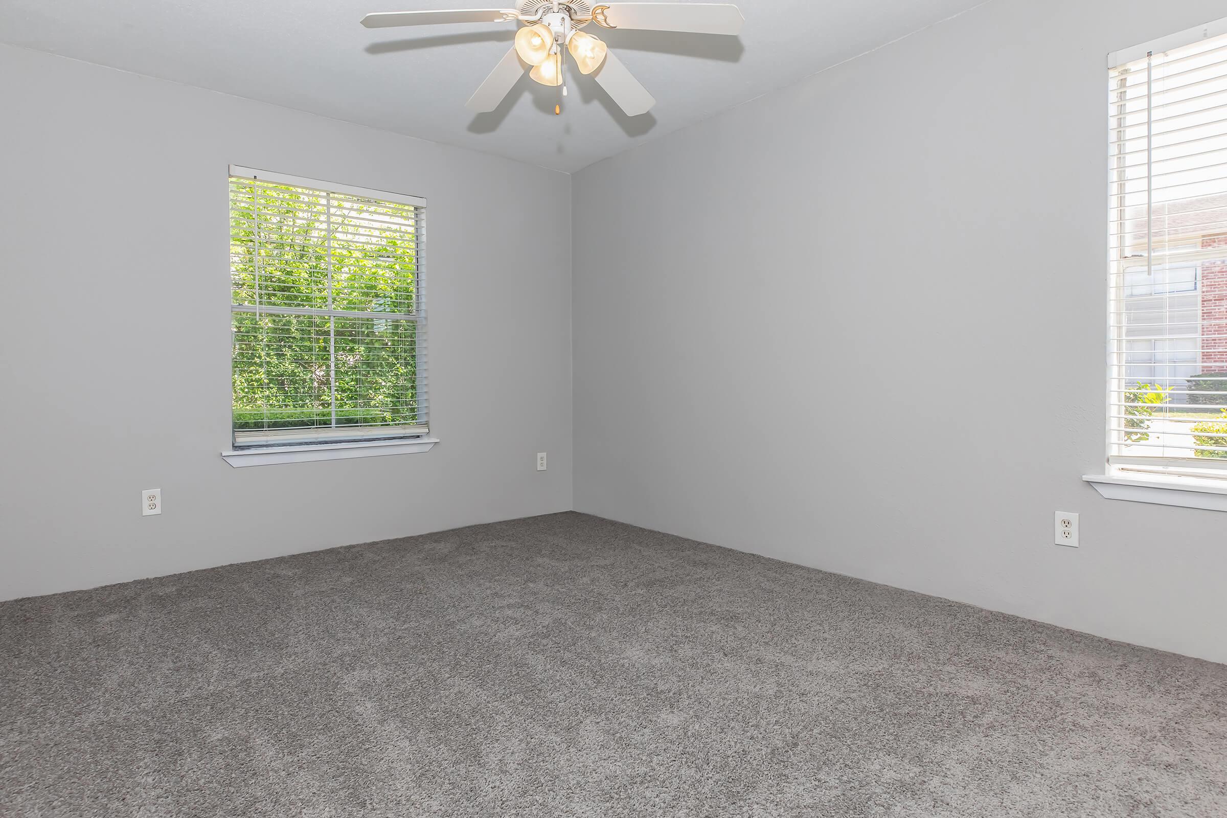 Empty room with gray walls and a light gray carpet. Two windows with blinds allow natural light to enter, revealing greenery outside. A ceiling fan with light fixtures is mounted in the center of the ceiling. The space is unadorned and looks ready for decoration or furnishing.