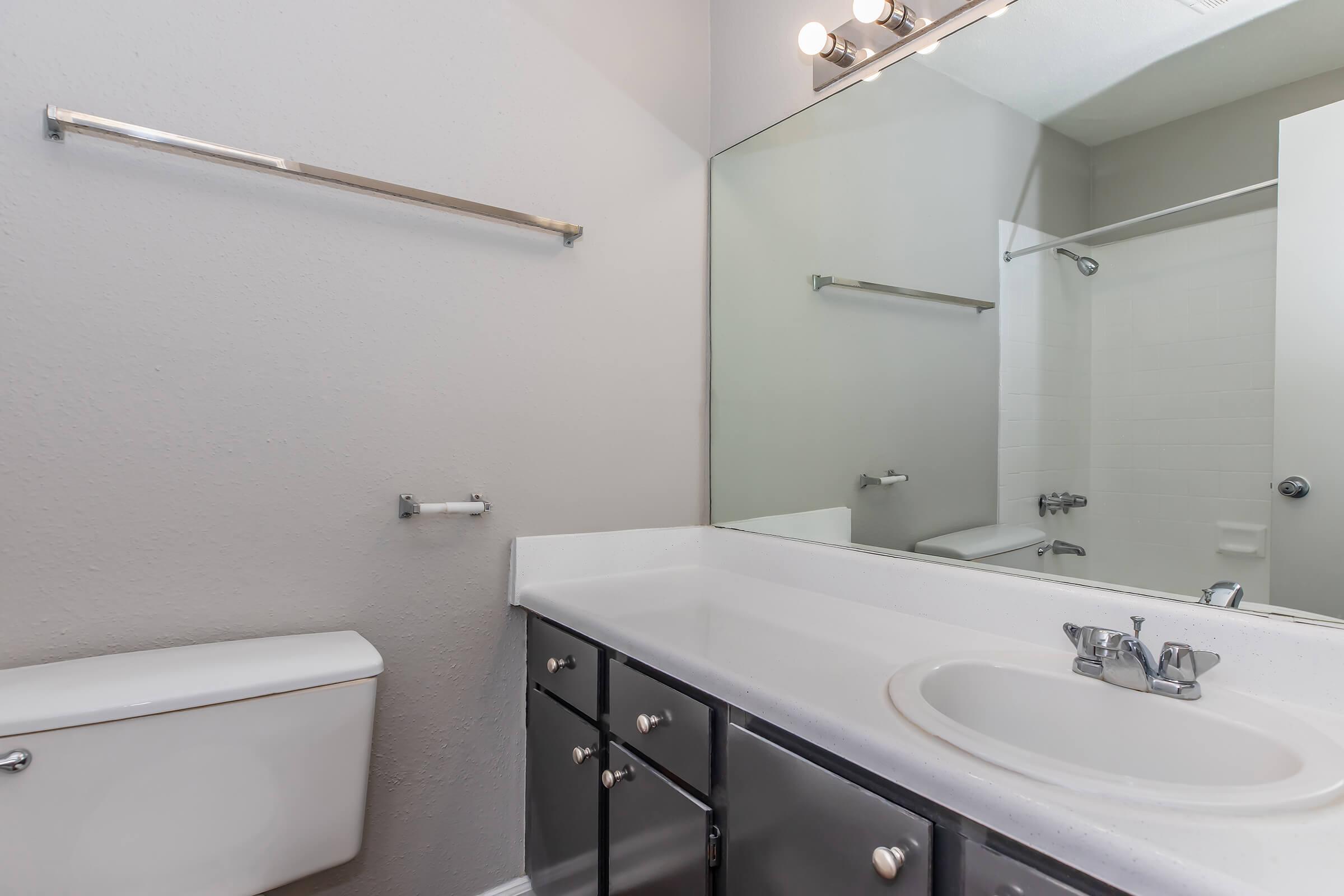 A clean bathroom featuring a white countertop with a sink, a mirror above it, and dark cabinets below. A toilet is positioned to the left, and there are towel bars on the wall. A shower area is visible in the background, with white tiles. The walls are painted light gray.