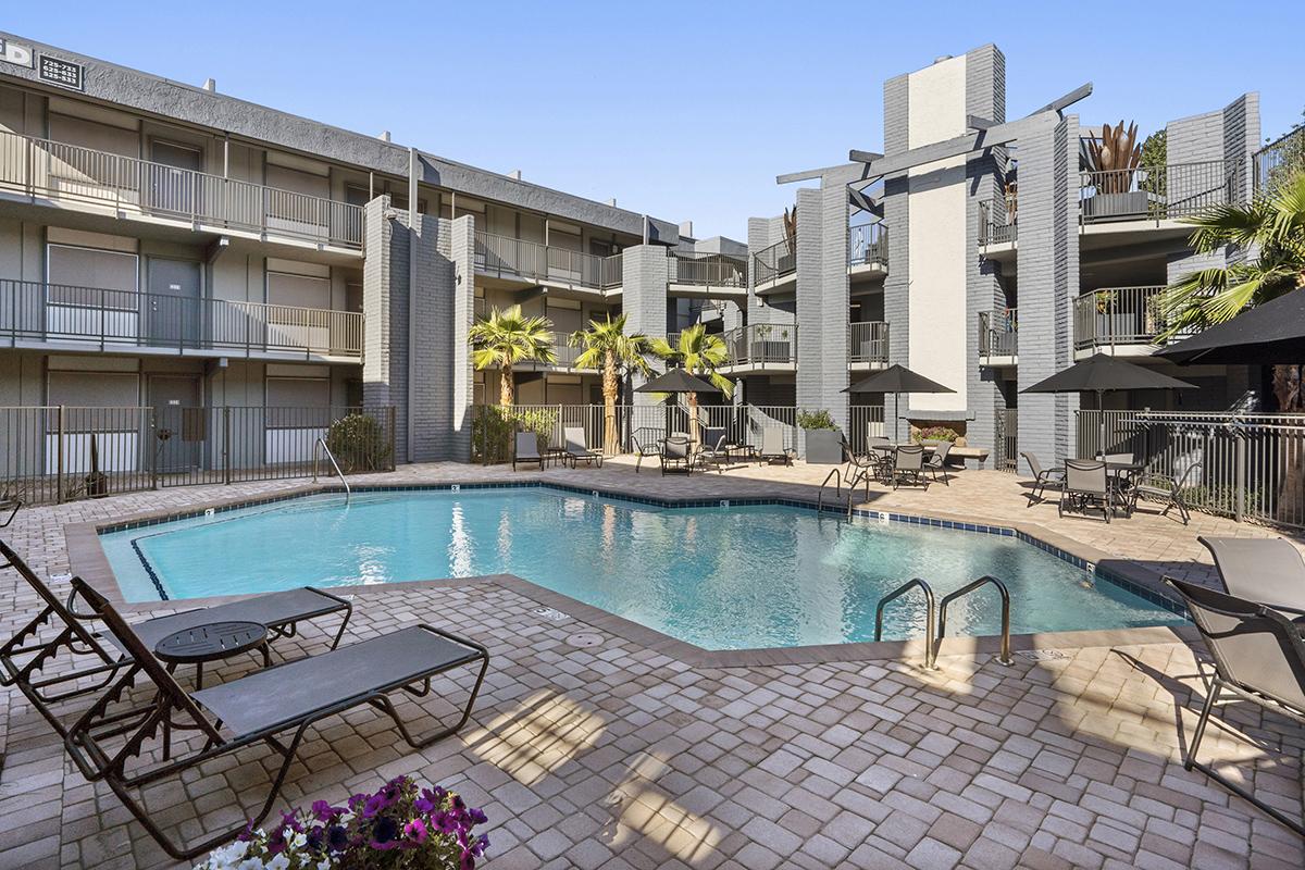 a pool next to a building