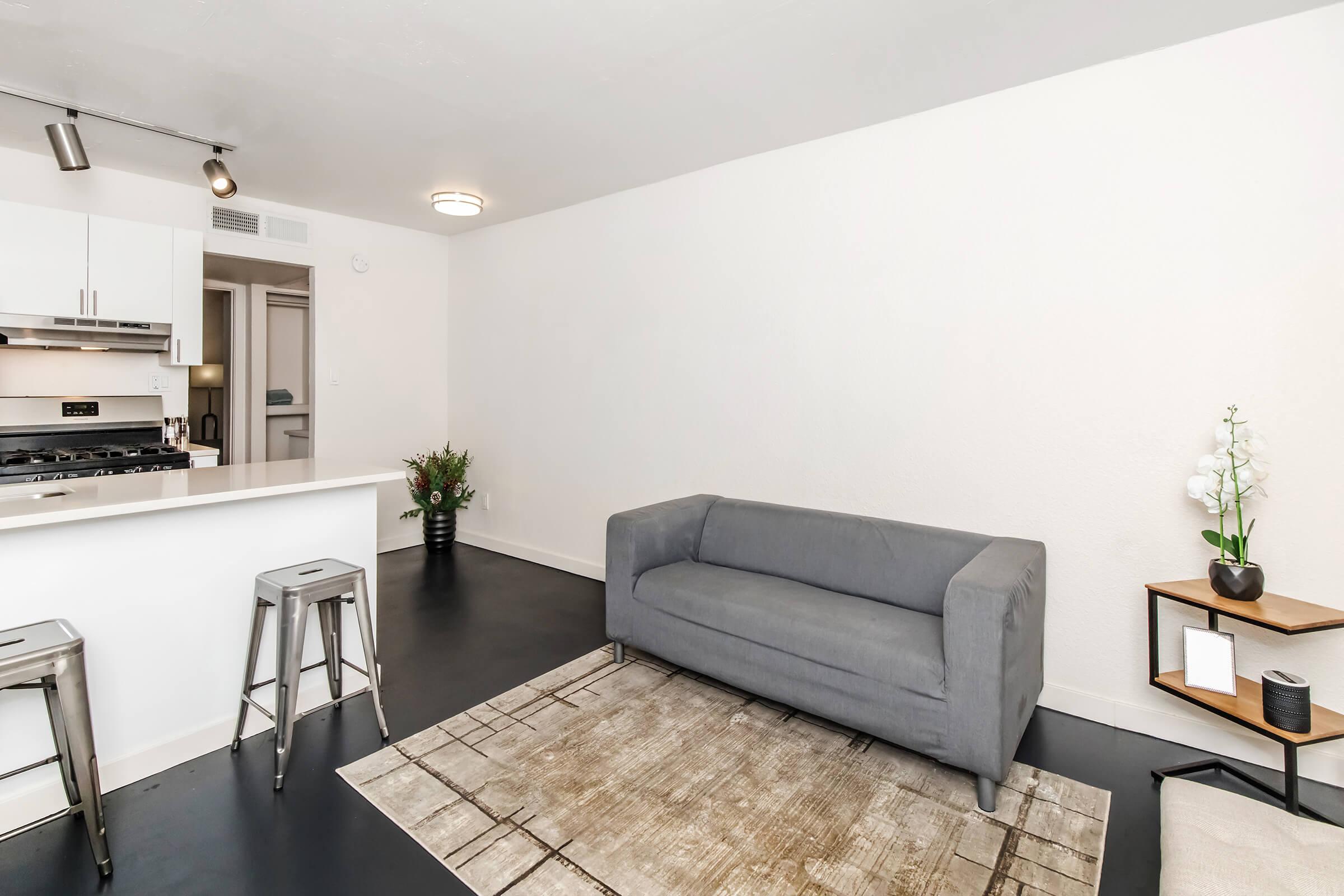 A modern, minimalist living space featuring a gray sofa, an area rug, and a small coffee table. The kitchen is visible in the background, with white cabinetry and a gas stove. Bright natural light fills the room, complemented by a decorative plant on the floor. The walls are painted white, enhancing the airy feel.