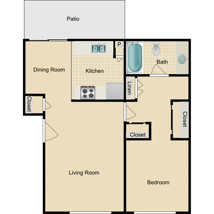 1 Bed 1 Bath, a 1 bedroom 1 bathroom floor plan.