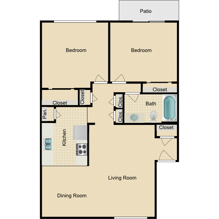 2 Bed 1 Bath, a 2 bedroom 1 bathroom floor plan.
