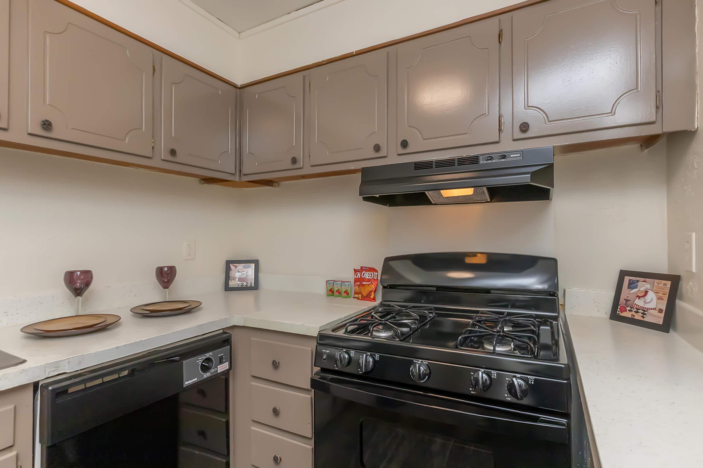 A compact kitchen featuring gray cabinets, a black gas stove, and a black dishwasher. The countertop is light-colored with decorative plates. There are two wine glasses on the counter and framed pictures on the wall, adding a personal touch to the space.
