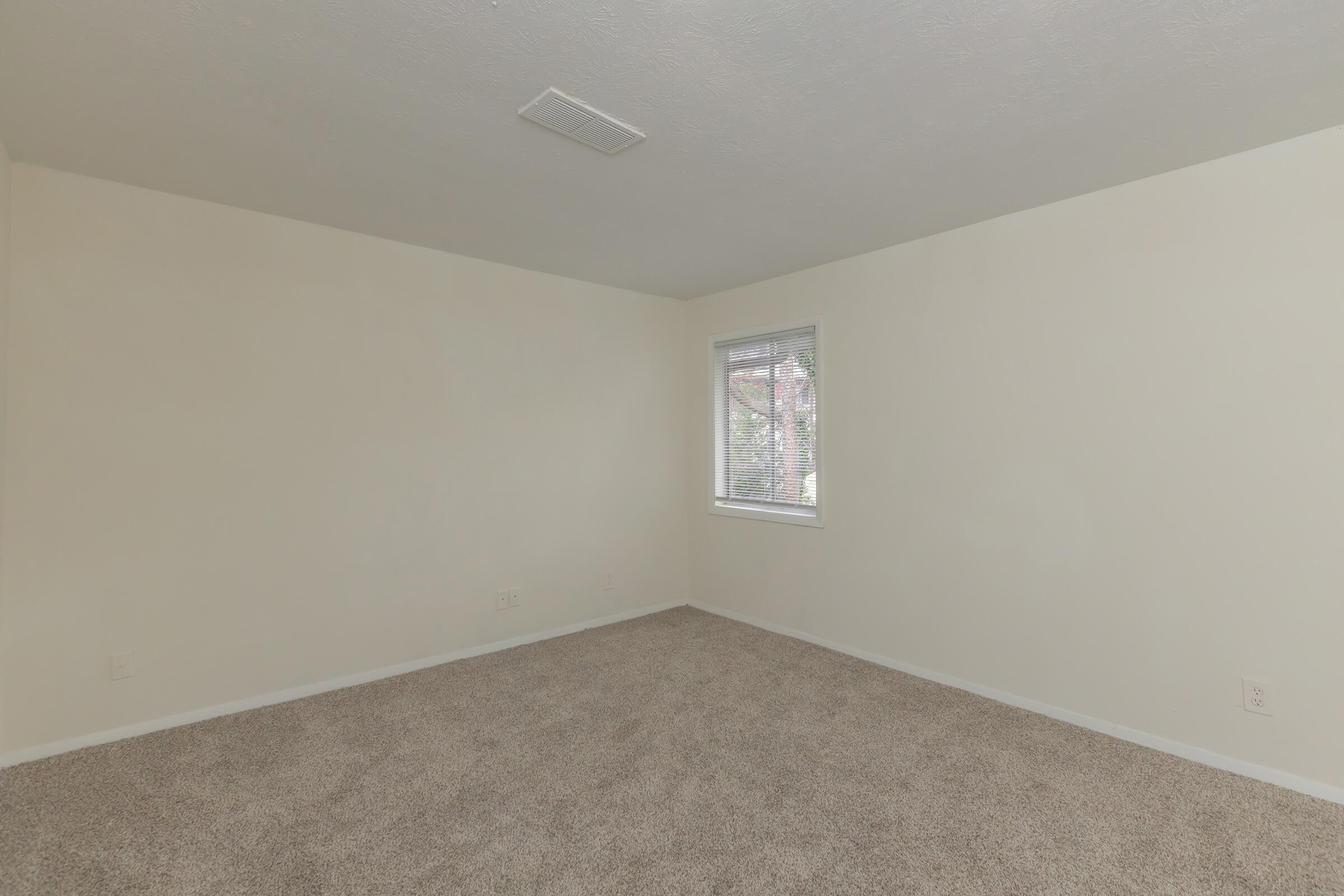 Empty room with beige walls and carpet. A single window on the left side allowing natural light. The ceiling features a rectangular light fixture. The overall atmosphere is spacious and neutral, suitable for various furniture arrangements.