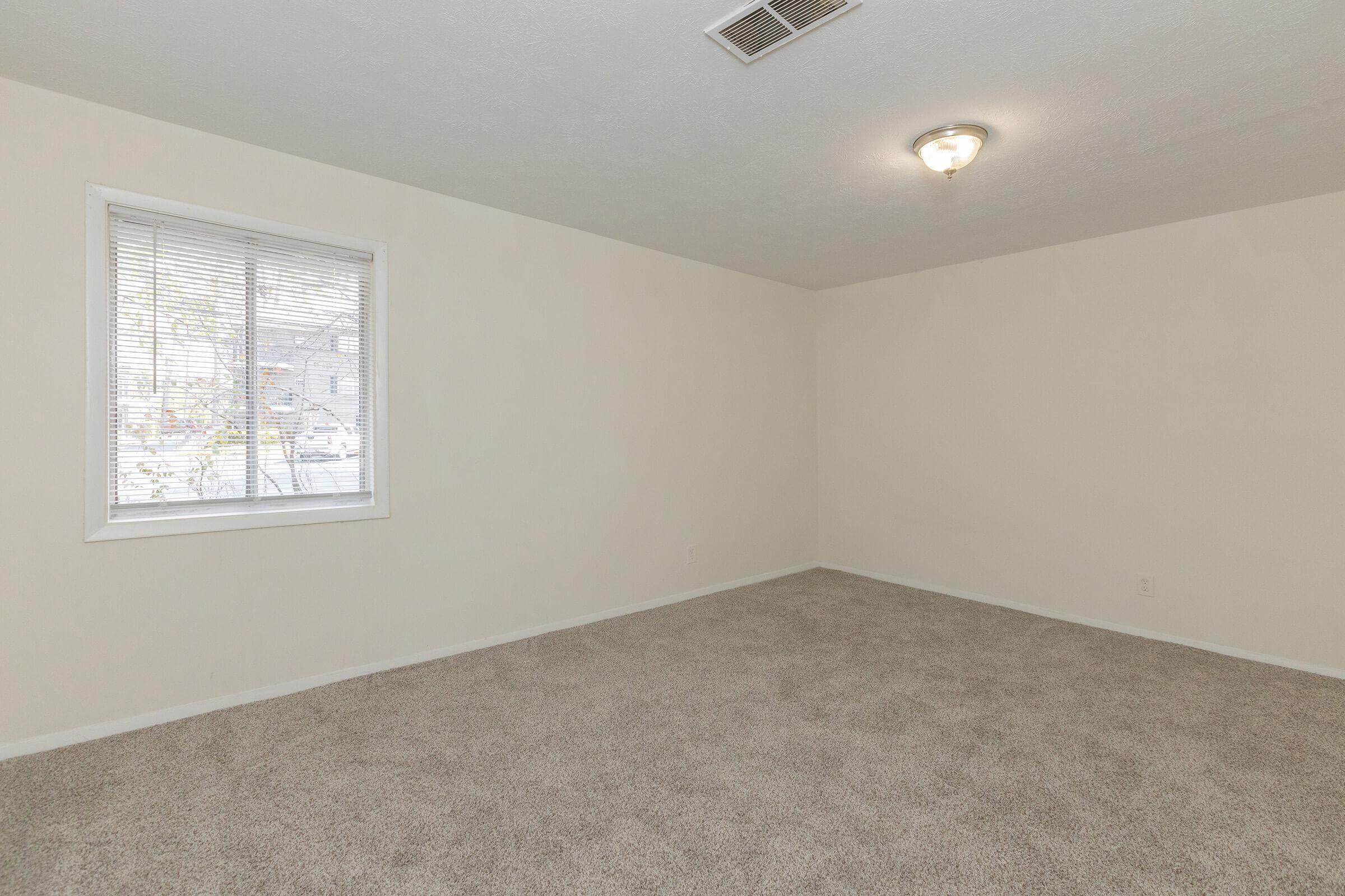 Empty room with beige walls and light brown carpet. A window with blinds allows natural light in, and a ceiling light fixture is mounted above. The space is clean and devoid of furniture, featuring simple, neutral decor.