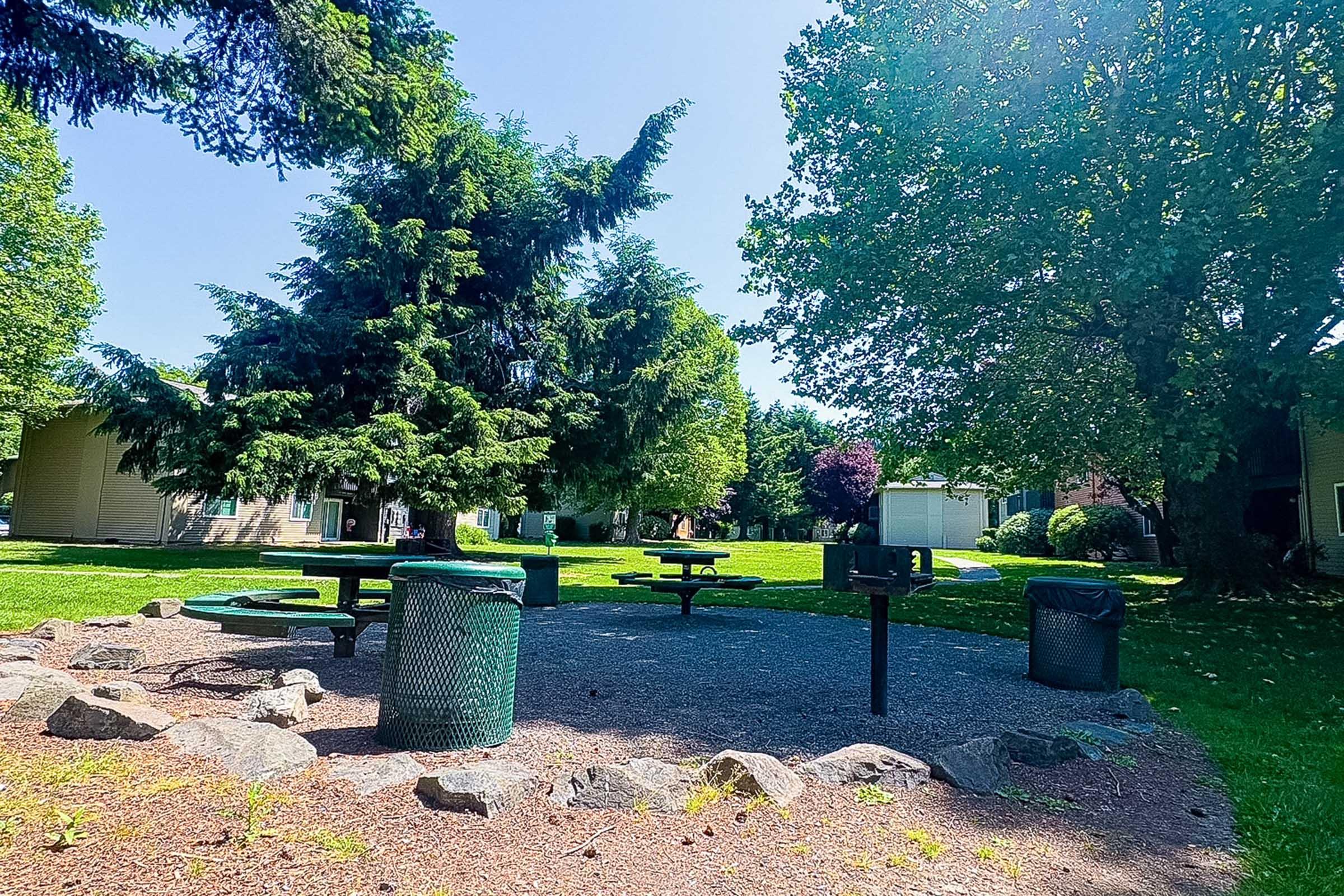 A sunny park area with picnic tables, charcoal grills, and trash bins surrounded by green grass and trees. Several residential buildings are visible in the background, providing a tranquil outdoor space for gatherings and relaxation.