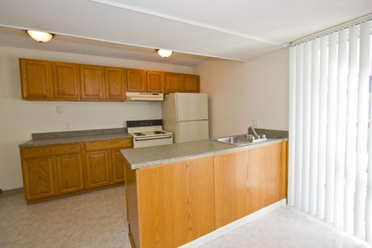 a large kitchen with stainless steel appliances and wooden cabinets