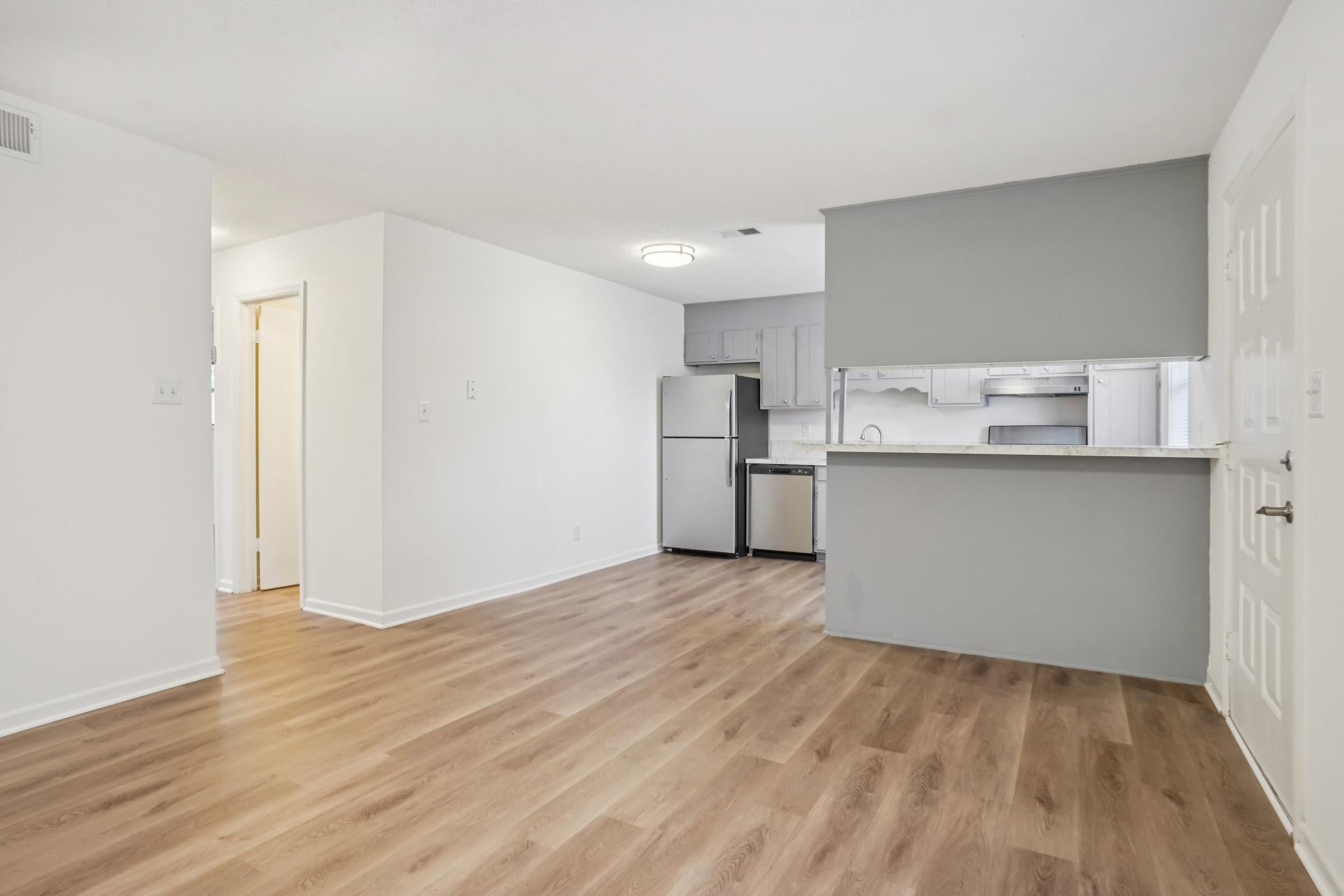 A modern open-concept living space with light-colored walls and wood flooring. The kitchen features stainless steel appliances, a gray accent wall, and a countertop separating it from the living area. The layout includes a door leading to another room, enhancing the spacious feel of the area.