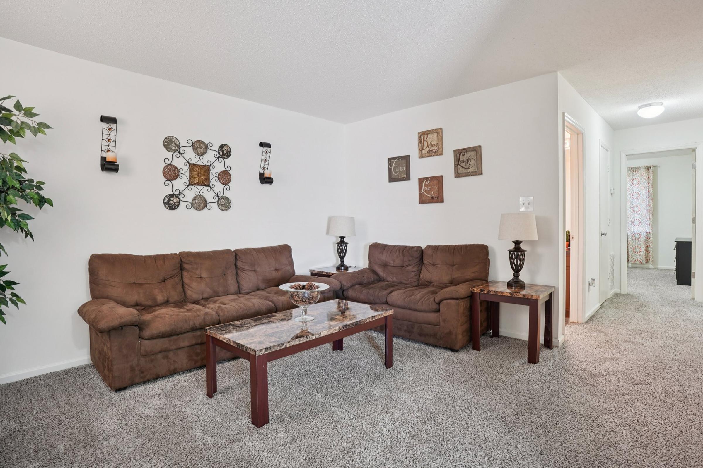 Cozy living room featuring two brown sofas, a coffee table with decorative items, wall art, and lamps on either side. The room is bright and inviting with a light-colored carpet and walls, complemented by a decorative plant in the corner. A doorway visible leads to another room.