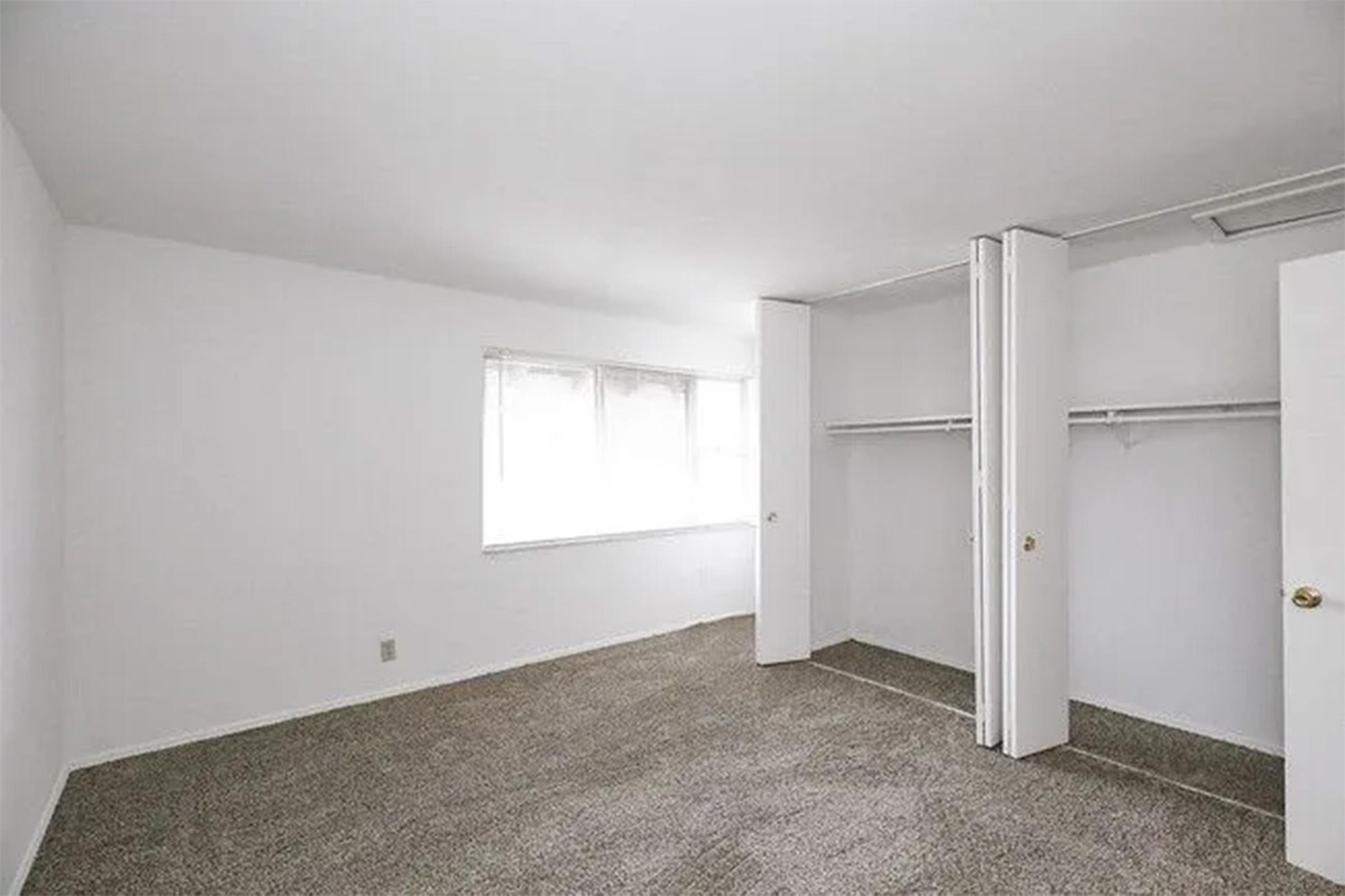 A spacious, empty room with white walls and carpeted flooring. It features a large window allowing natural light, and a closet with sliding doors on one side. The room has a minimalistic design, ideal for customization.