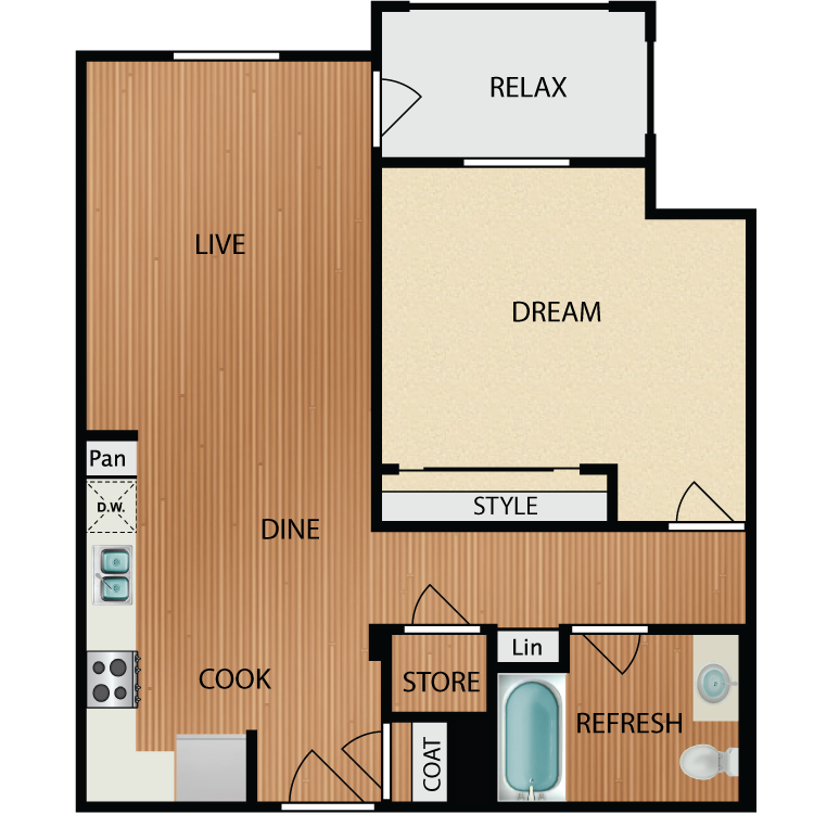 Plan A3, a 1 bedroom 1 bathroom floor plan.