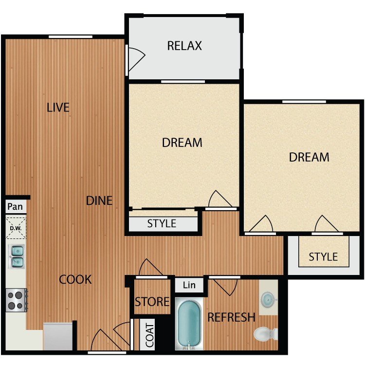 Plan B1, a 2 bedroom 1 bathroom floor plan.