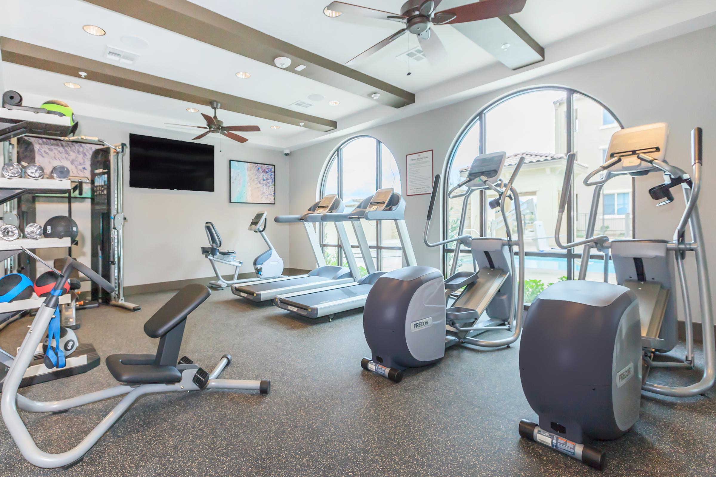 A fitness room with multiple exercise machines, including treadmills, ellipticals, and a stationary bike. The space features large arched windows allowing natural light, ceiling fans, and a flat-screen TV mounted on the wall. The flooring is dark and textured, enhancing the modern gym atmosphere.