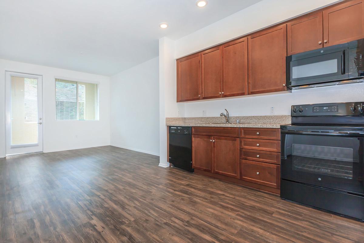 Kitchen and living room with wooden floors