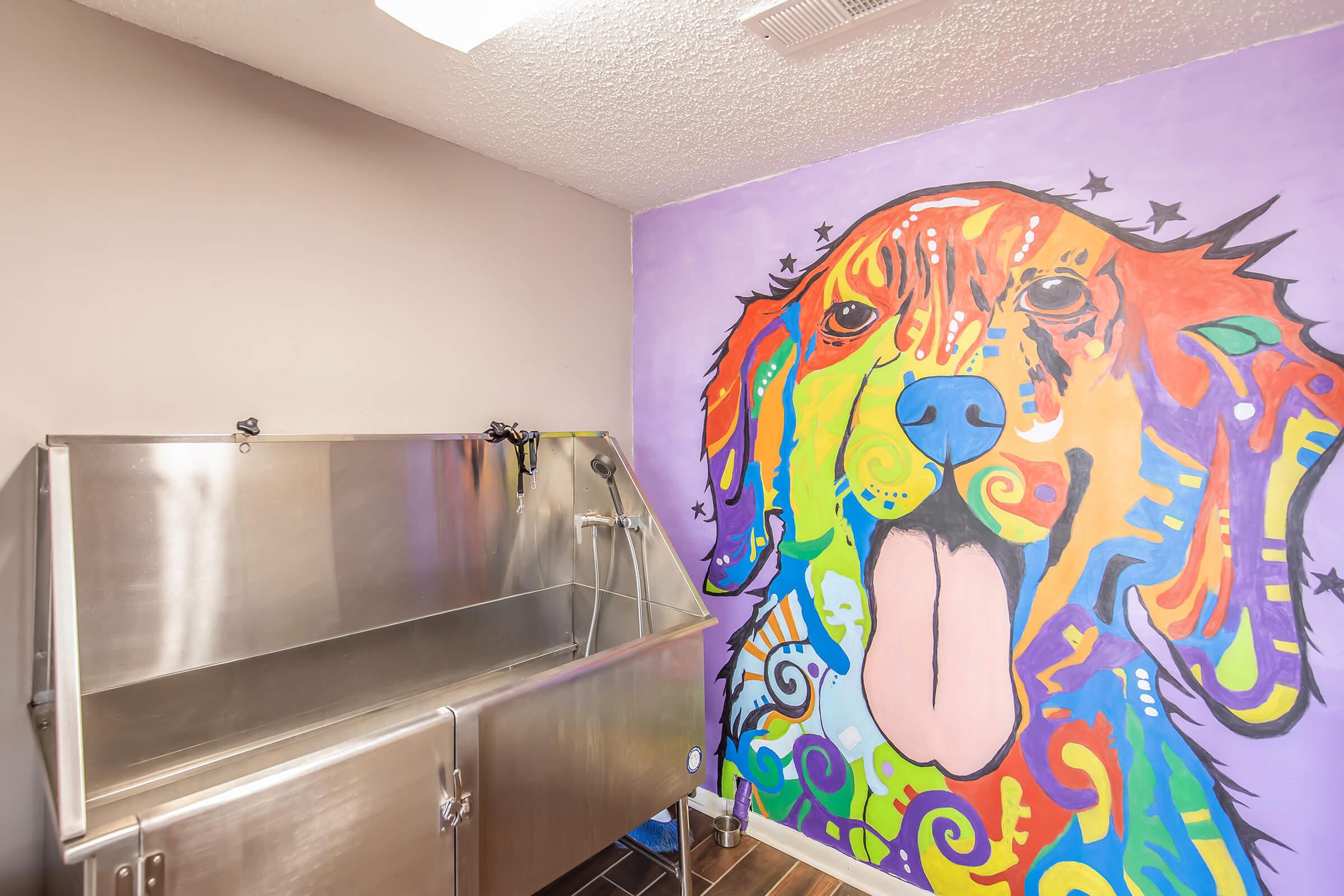 A brightly colored wall mural of a dog's face in vibrant shades of orange, blue, and purple, featuring a playful expression. In front of the mural, there is a stainless steel dog grooming tub with a showerhead, set against a neutral-colored wall. The flooring is wooden and complements the lively atmosphere.