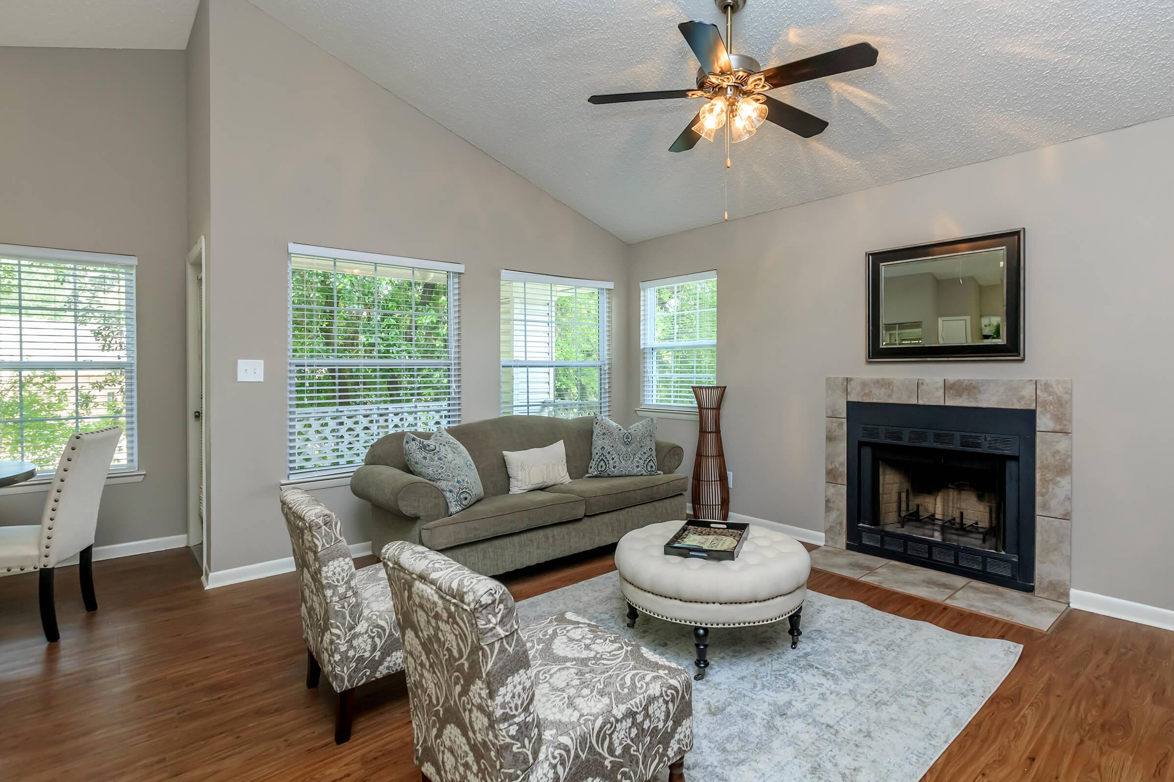 Wood burning fireplace in living room