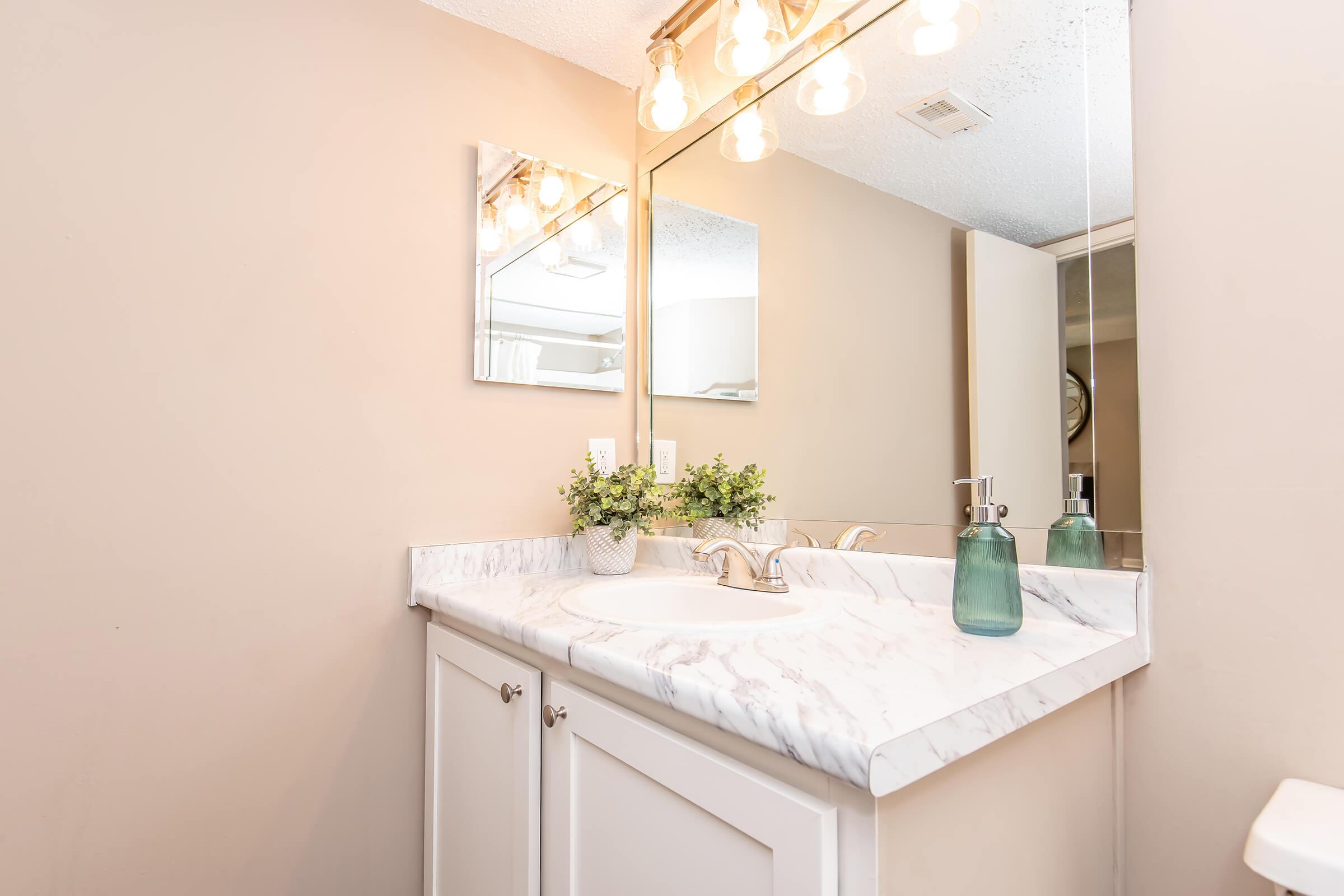 A well-lit bathroom featuring a marble countertop with a single sink. There are two mirrors above the sink, and decorative plants in a small pot. The walls are painted a warm beige, and a glass bottle sits next to the sink. The overall ambiance is clean and modern.