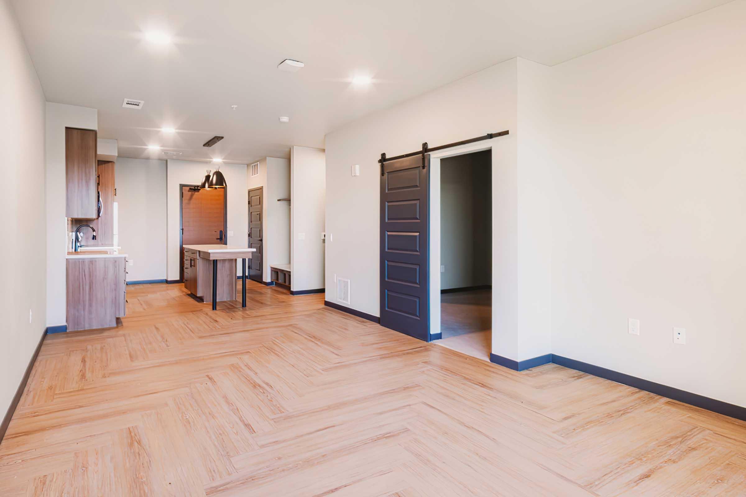 A modern, empty room featuring light wooden flooring, a kitchen area with dark cabinetry, and a sliding barn door. The space has white walls, recessed lighting, and an open layout that connects to another room.