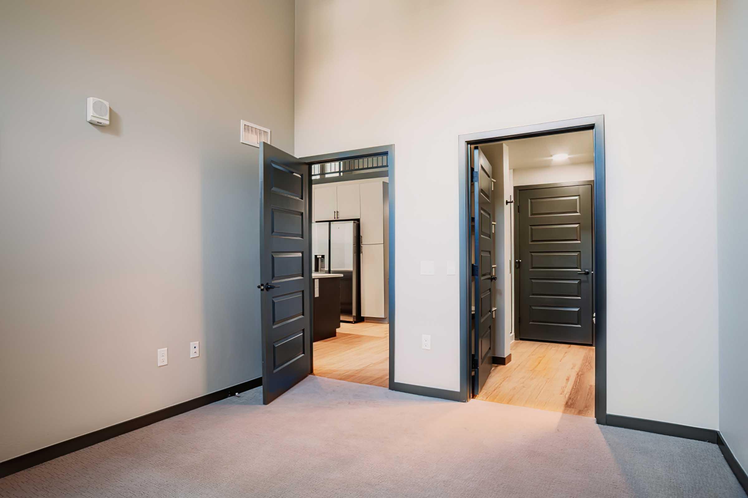 A view of a modern room with light-colored walls and carpeted flooring. There are two open doors leading to separate spaces, one possibly to a kitchen or living area. The interior features contemporary design elements, with a bright and airy feel.