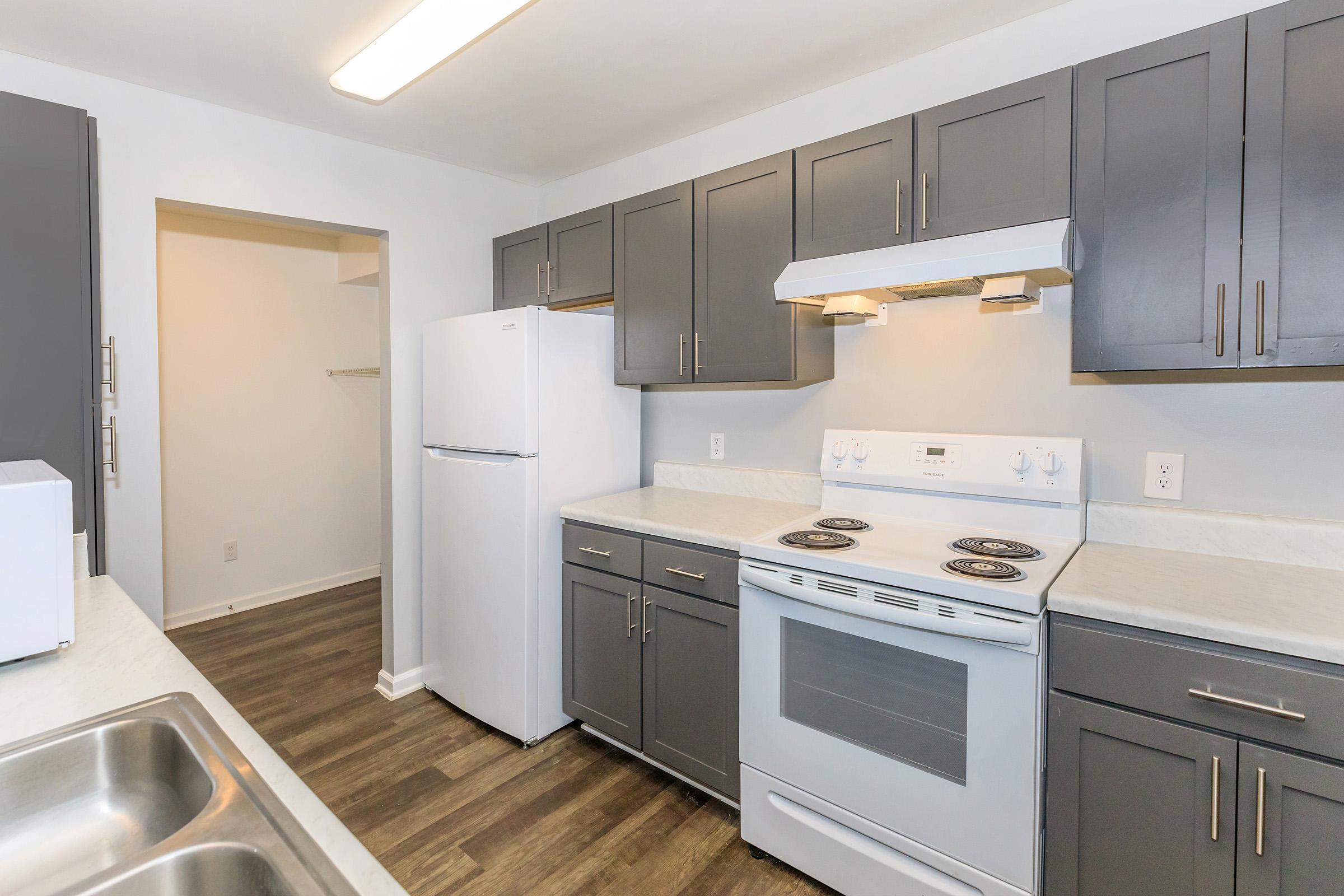 Modern kitchen featuring gray cabinets, a white stove, and a refrigerator. The countertops are light and there is a double sink. The flooring is a dark wood laminate. A doorway leads to a pantry or storage area on the left. Bright lighting is provided by a ceiling fixture.