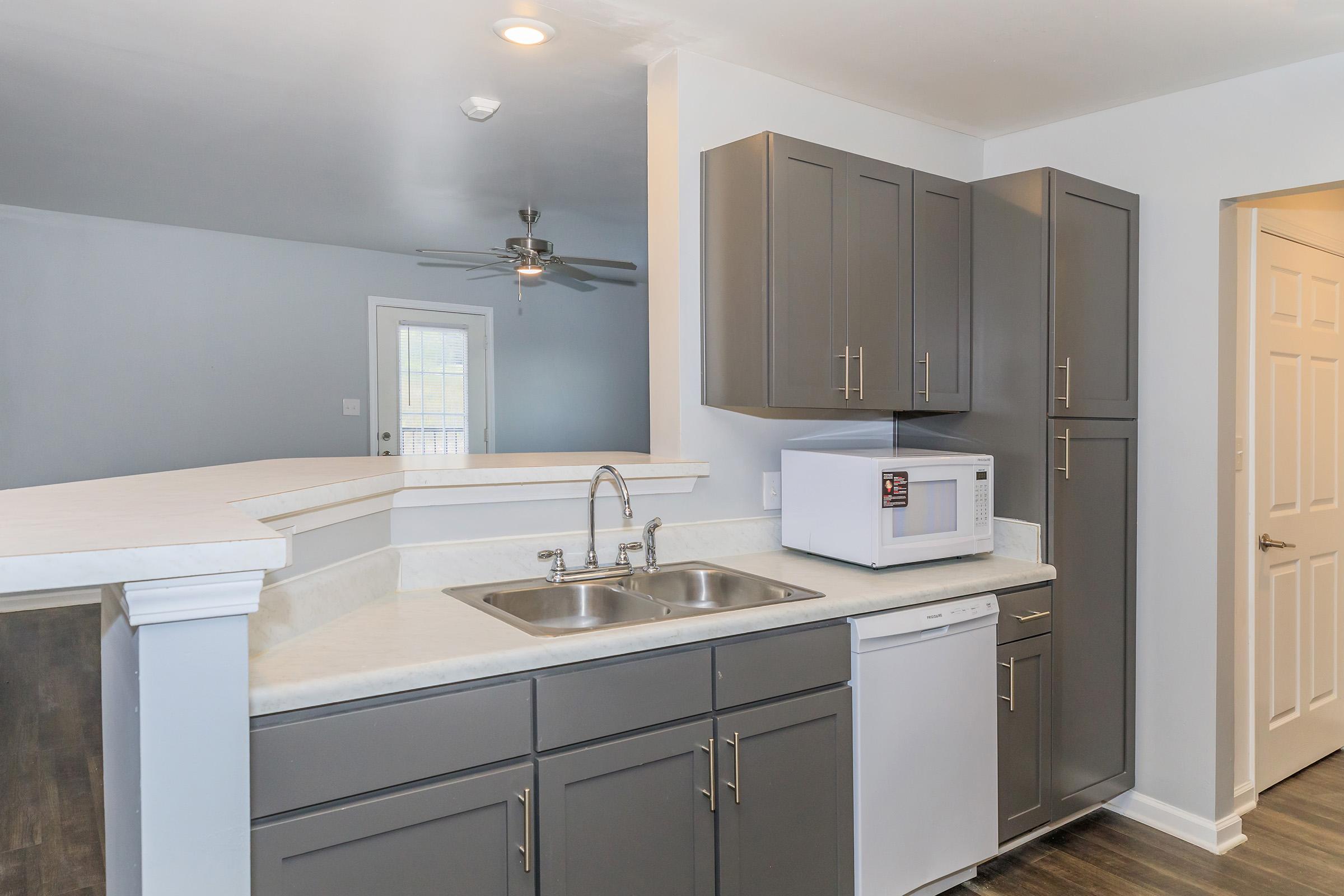 Modern kitchen featuring gray cabinets, a double sink, a dishwasher, and a microwave. The layout includes a breakfast bar, with an open view into a well-lit living area. The walls are painted in light colors, enhancing the spacious feel of the room.