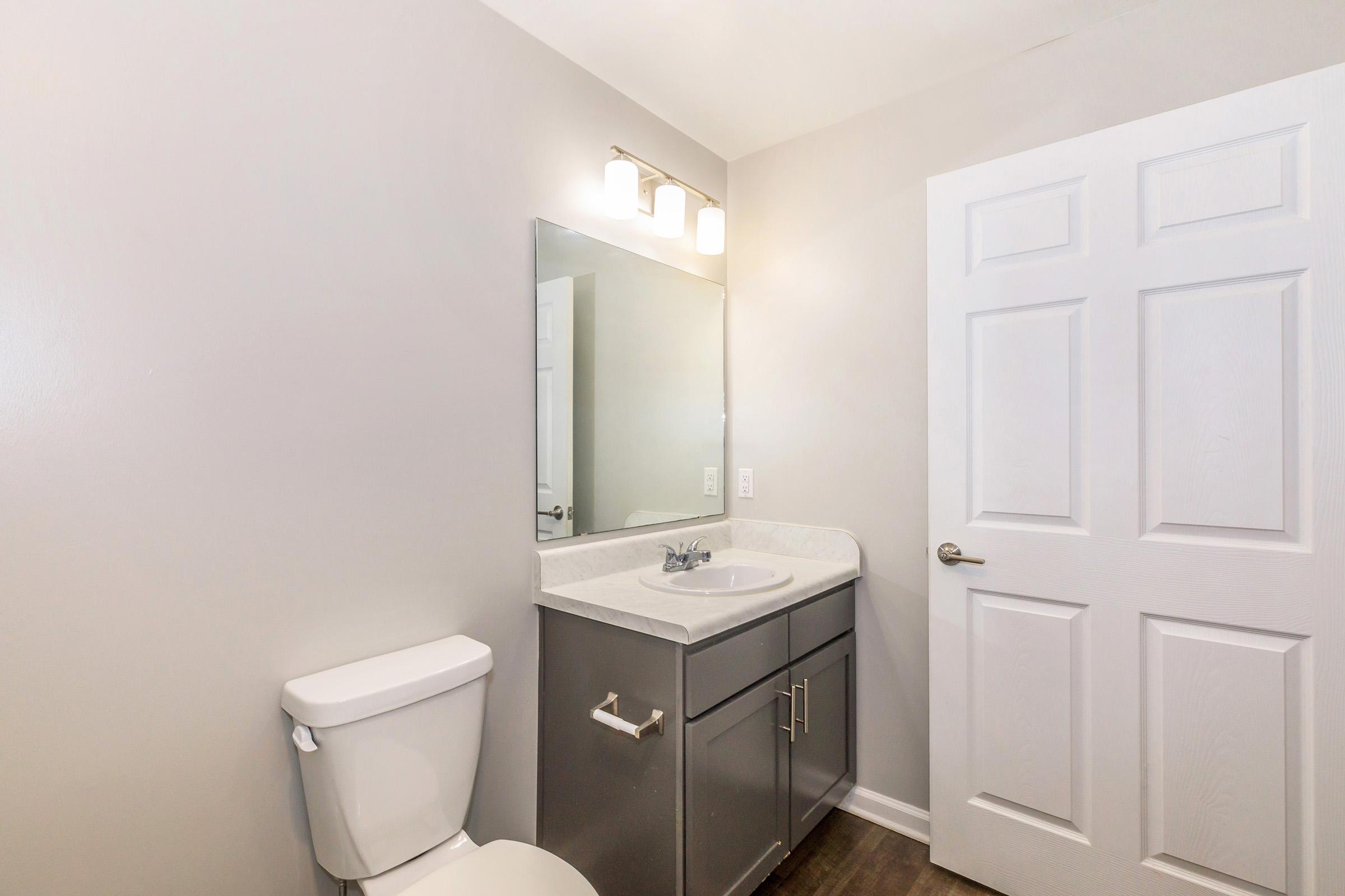 A modern bathroom featuring a white toilet, a gray vanity with a sink, and a large mirror above the sink. The walls are painted in a neutral gray color, and there's a wooden floor. A white door is visible on the right side of the image.