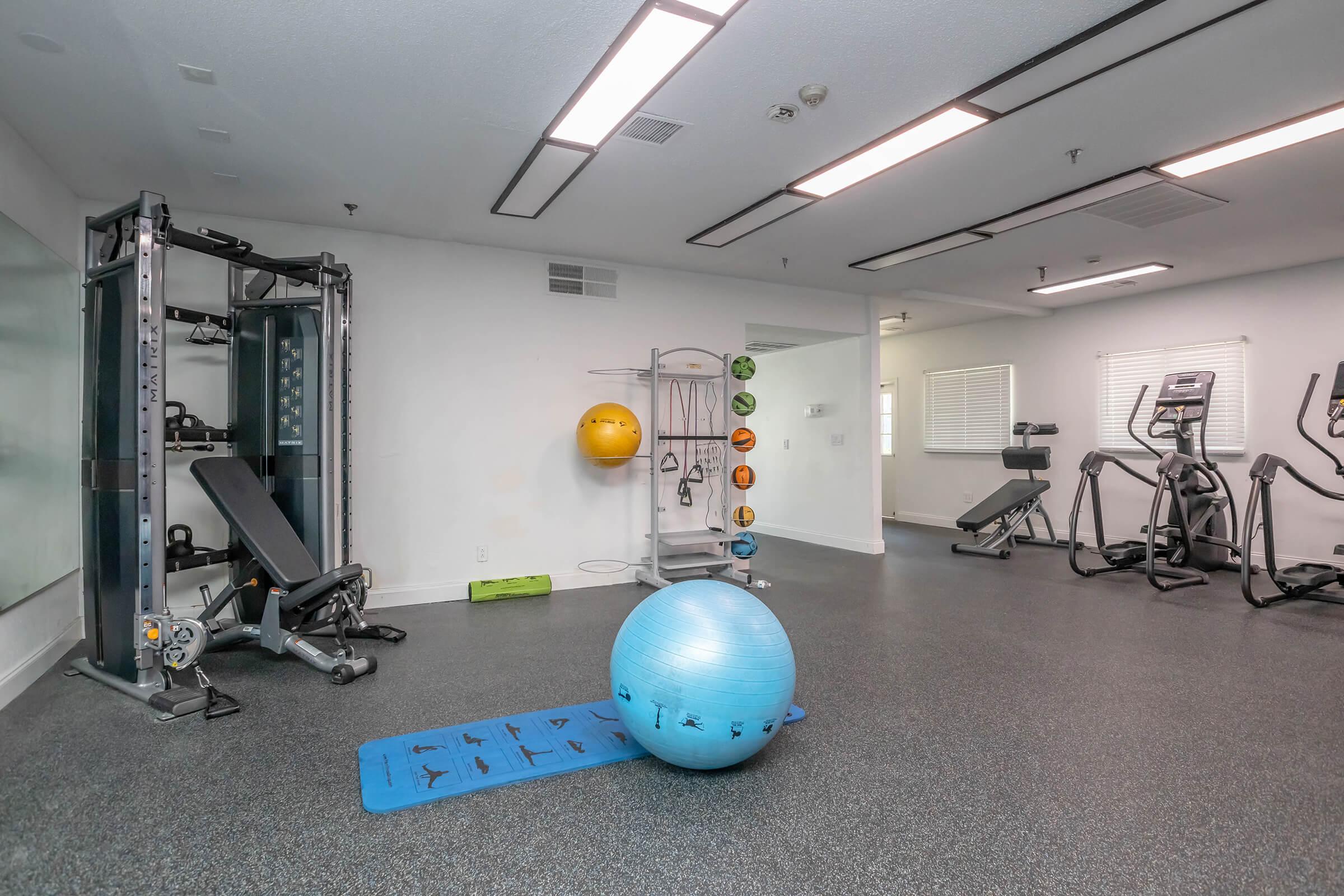 Interior view of a gym featuring various exercise equipment, including an elliptical machine, a weight machine, a stability ball, and a workout mat. The space is well-lit with white walls and black flooring, providing a clean and modern atmosphere for fitness activities.