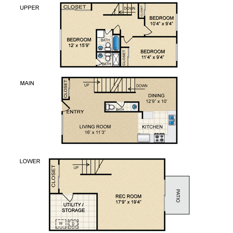 Floor plan image of 3 Bed 2.5 Bath Townhouse