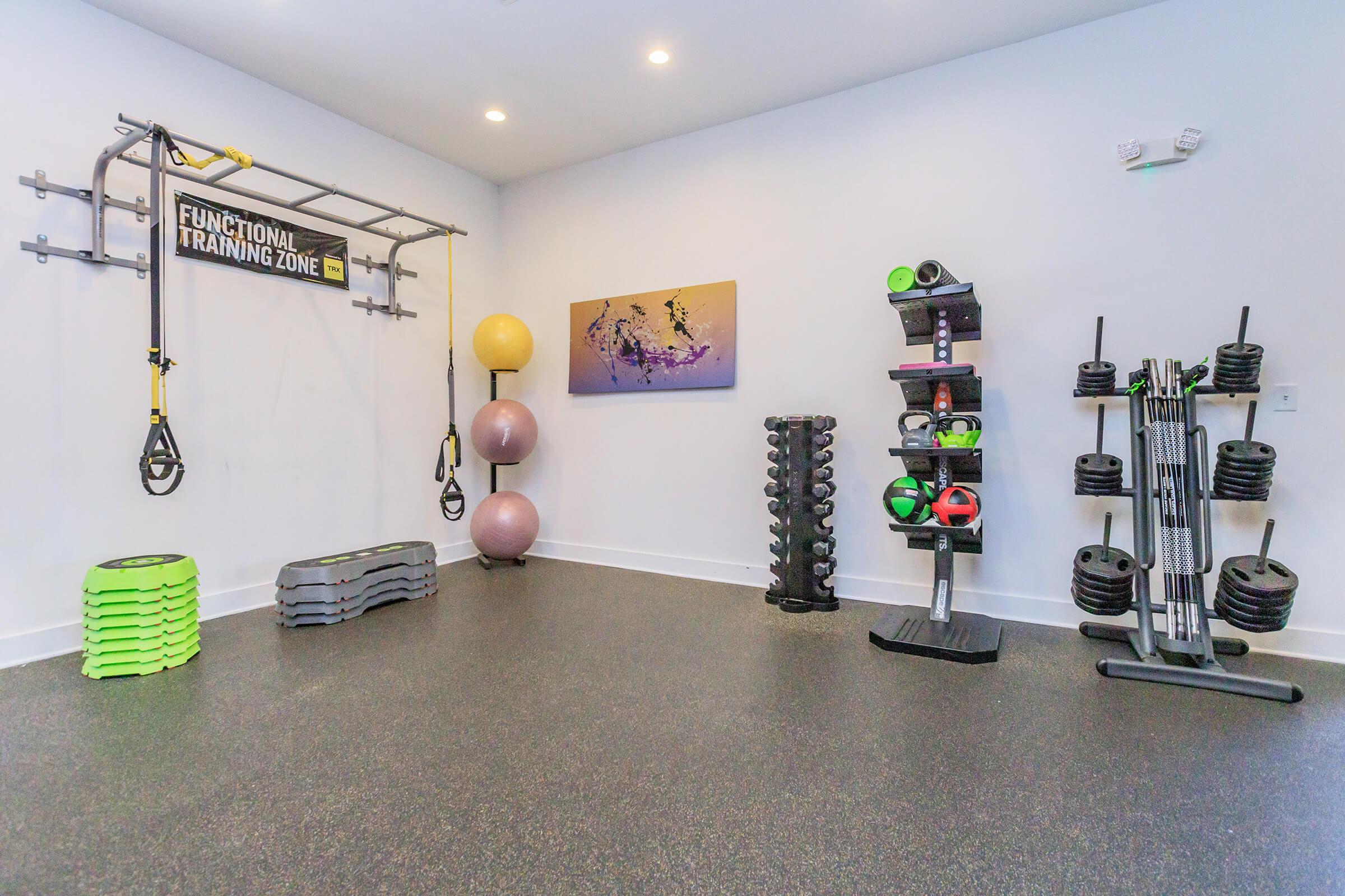 A modern gym space featuring a functional training zone with suspension straps, exercise balls, a rack of weights, and fitness equipment arranged neatly on a rubberized floor. The walls are painted white, and there is a colorful artwork displayed. Bright lights illuminate the area, creating an inviting atmosphere for workouts.