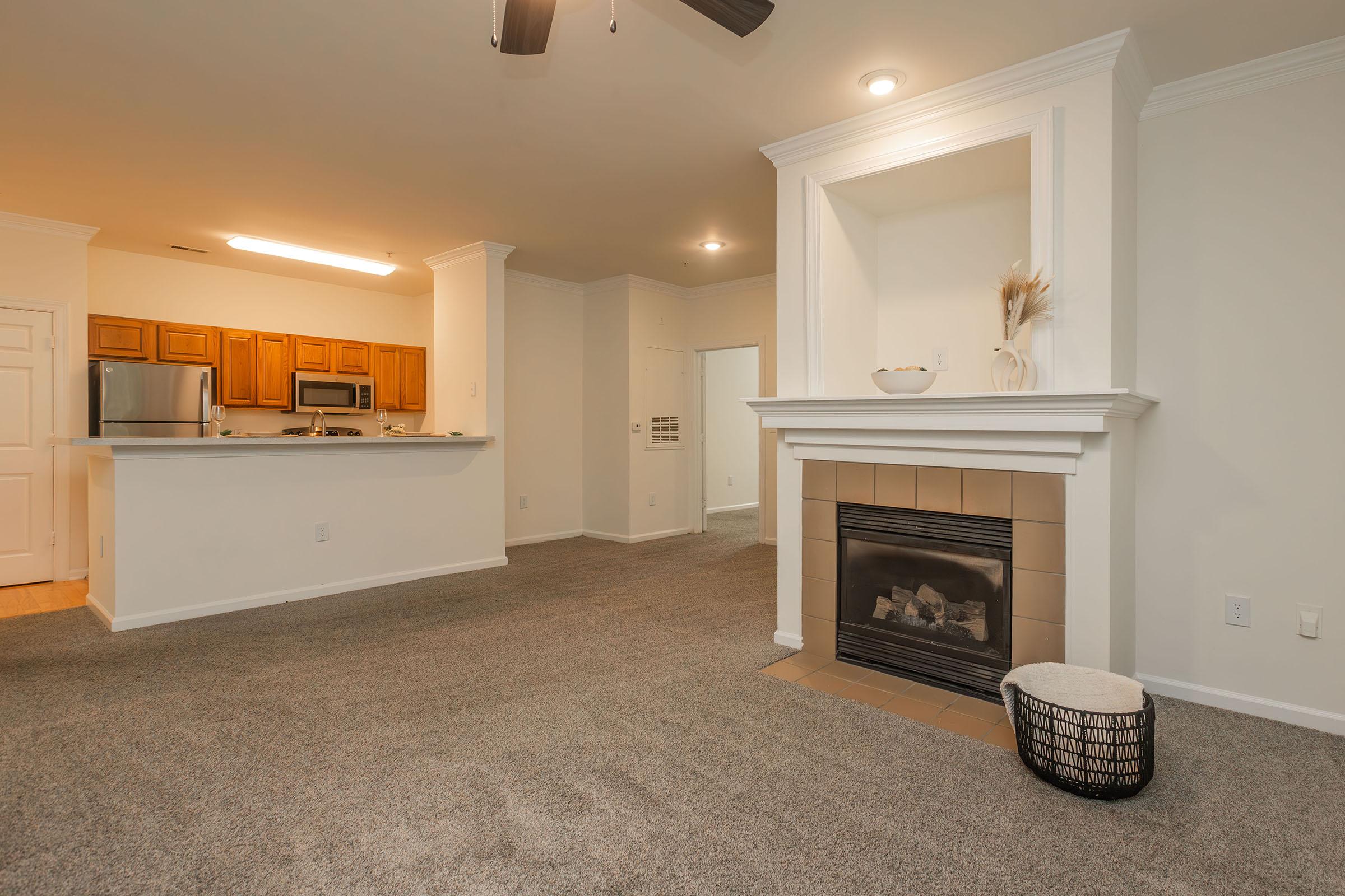 a room filled with furniture and a fireplace