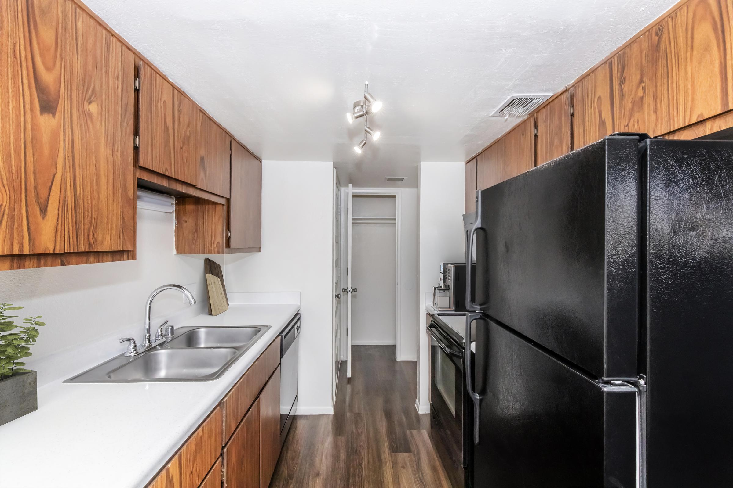 A modern kitchen featuring dark wooden cabinets, a double sink with a dish rack, and black appliances including a refrigerator and stove. The space has a clean, bright appearance with recessed lighting and a doorway leading to a closet or pantry at the far end. The flooring is dark wood laminate.