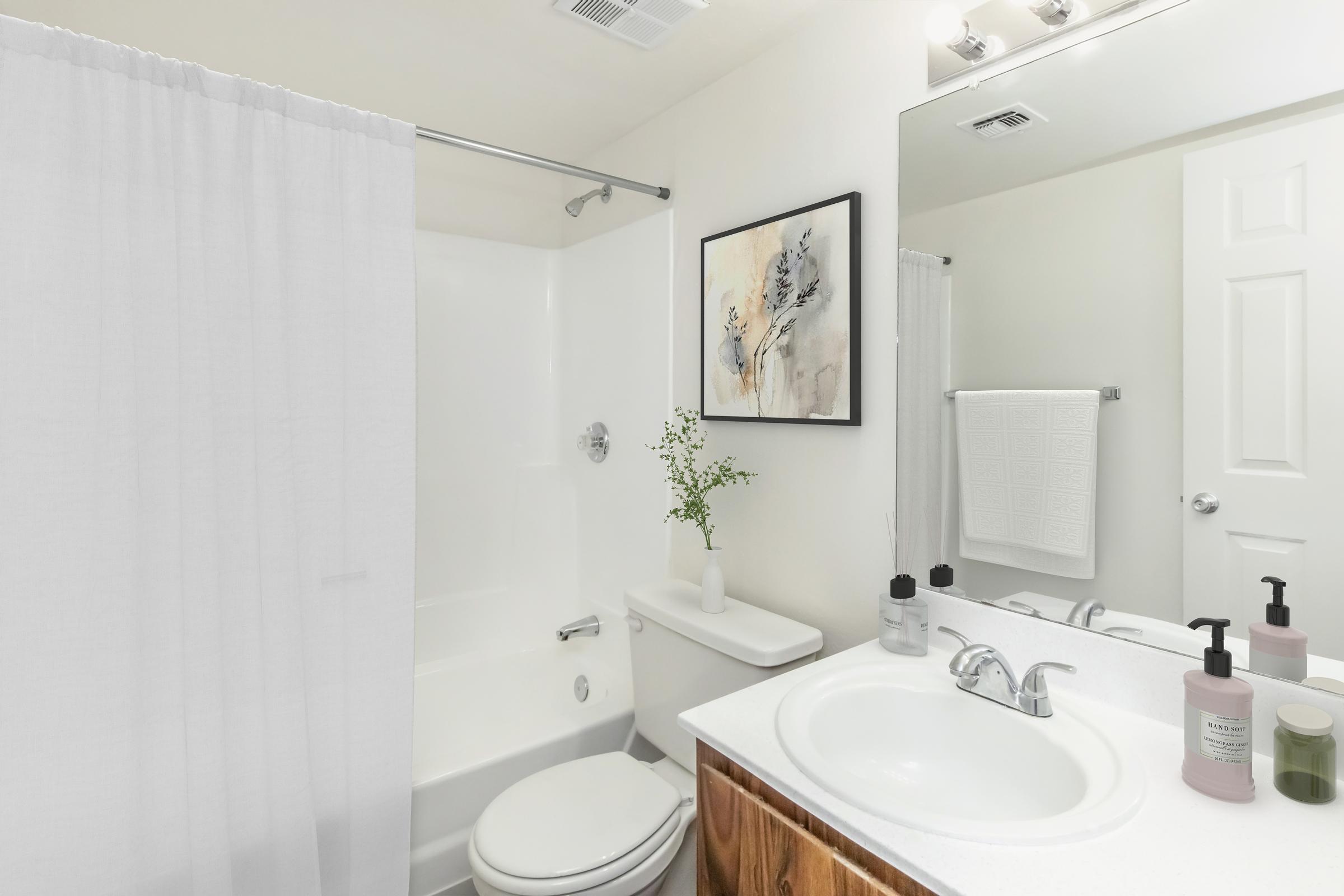 A clean and modern bathroom featuring a white shower curtain, a bathtub with a shower fixture, a small shelf with a potted plant, and a mirrored vanity with a sink. The countertop has two bottles of soap, and there's a decorative piece on the wall. A towel hangs on the door.
