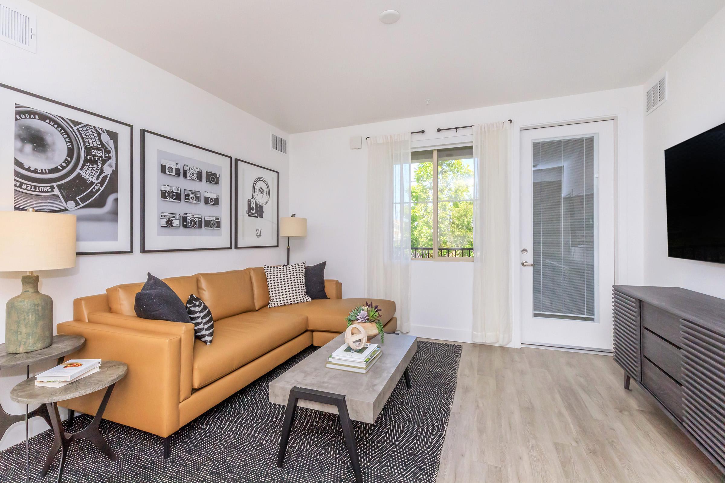 A modern living room featuring a light brown leather sofa, a coffee table, and decorative accents. The walls are adorned with framed black-and-white photographs. There's a large window with sheer curtains allowing natural light. A flat-screen TV is mounted on a media console.