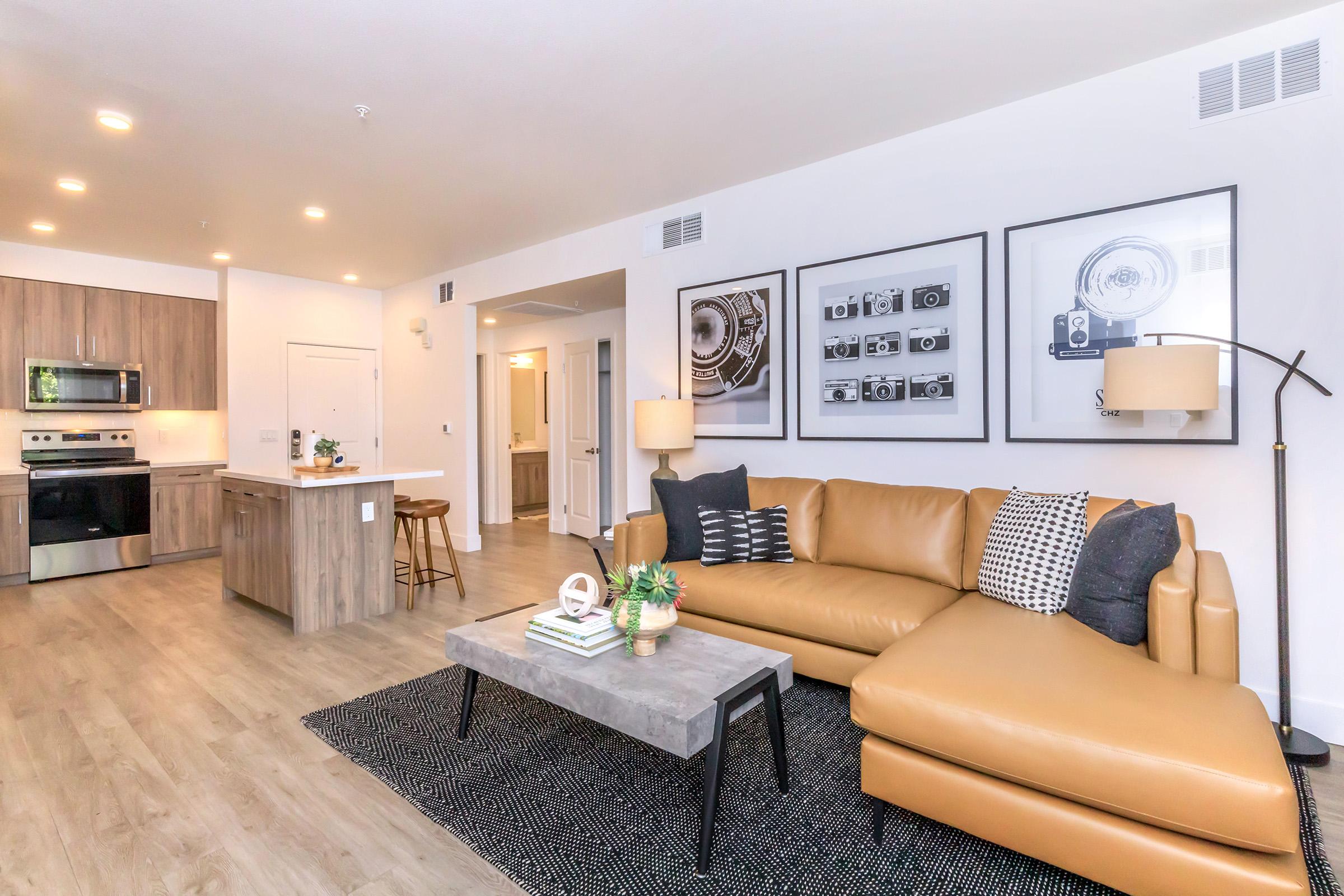Modern living room featuring a brown leather sectional couch, a light wooden coffee table, and a decorative black rug. The walls are adorned with framed black-and-white photographs. An open kitchen area is visible with stainless steel appliances and wooden cabinetry, creating a stylish and inviting atmosphere.