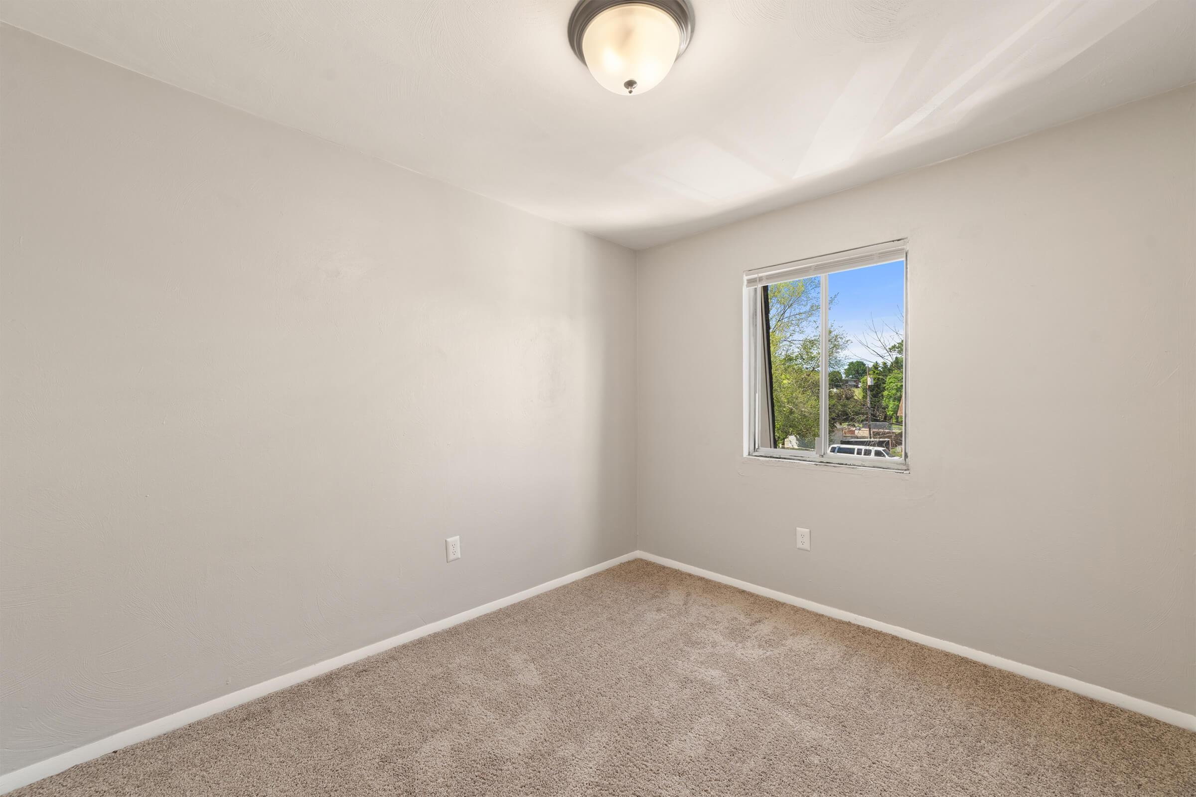 Empty room with light gray walls and beige carpet. A window is visible, allowing natural light to enter, with a view of trees outside. The ceiling has a simple light fixture. No furniture is present, giving the space a clean and minimalistic appearance.