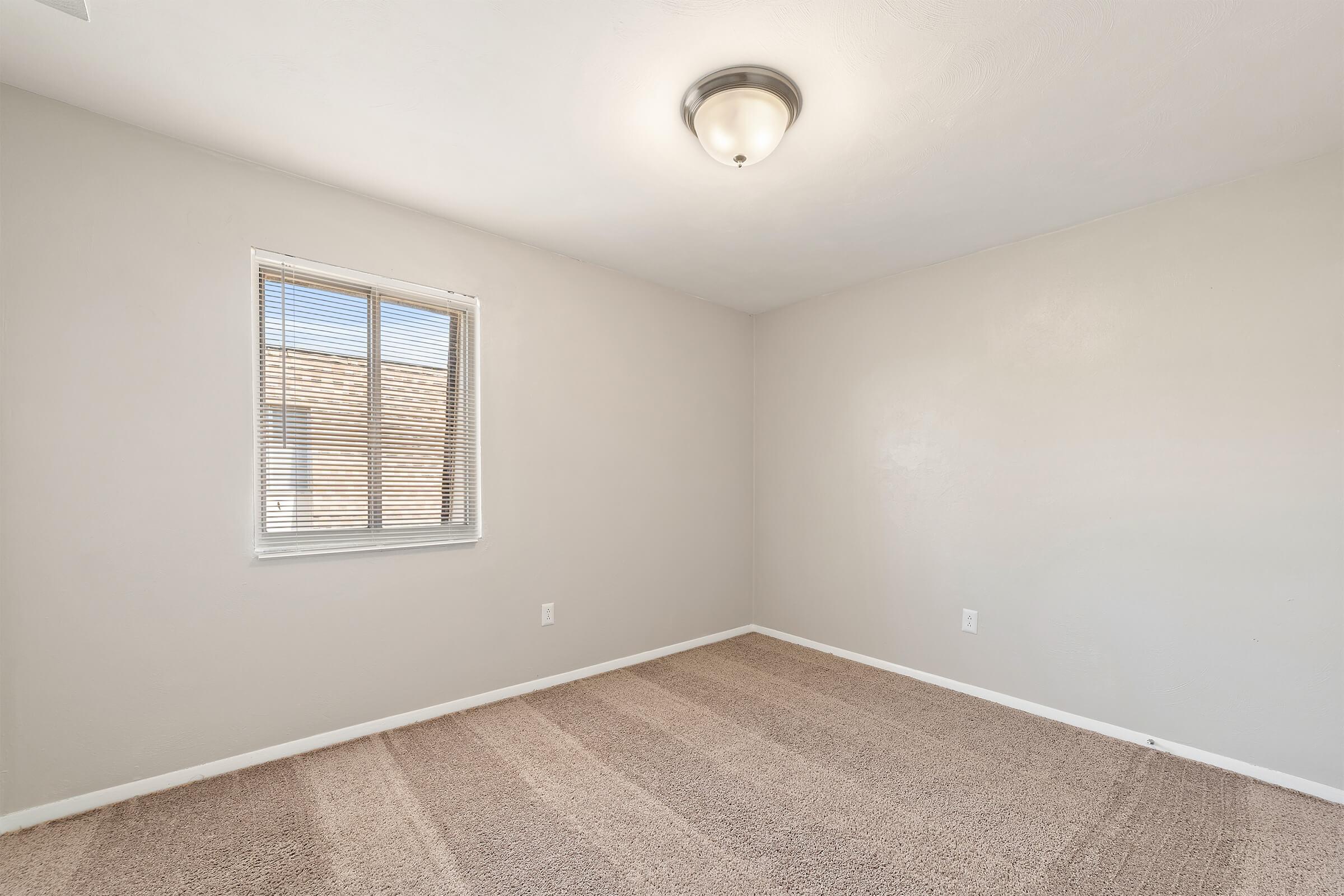 Empty room with light-colored walls and carpet. A small window with blinds lets in natural light. A ceiling light fixture is visible, and there are no furnishings in the space. The floor is covered in light beige carpet, and the overall ambiance appears clean and minimalistic.