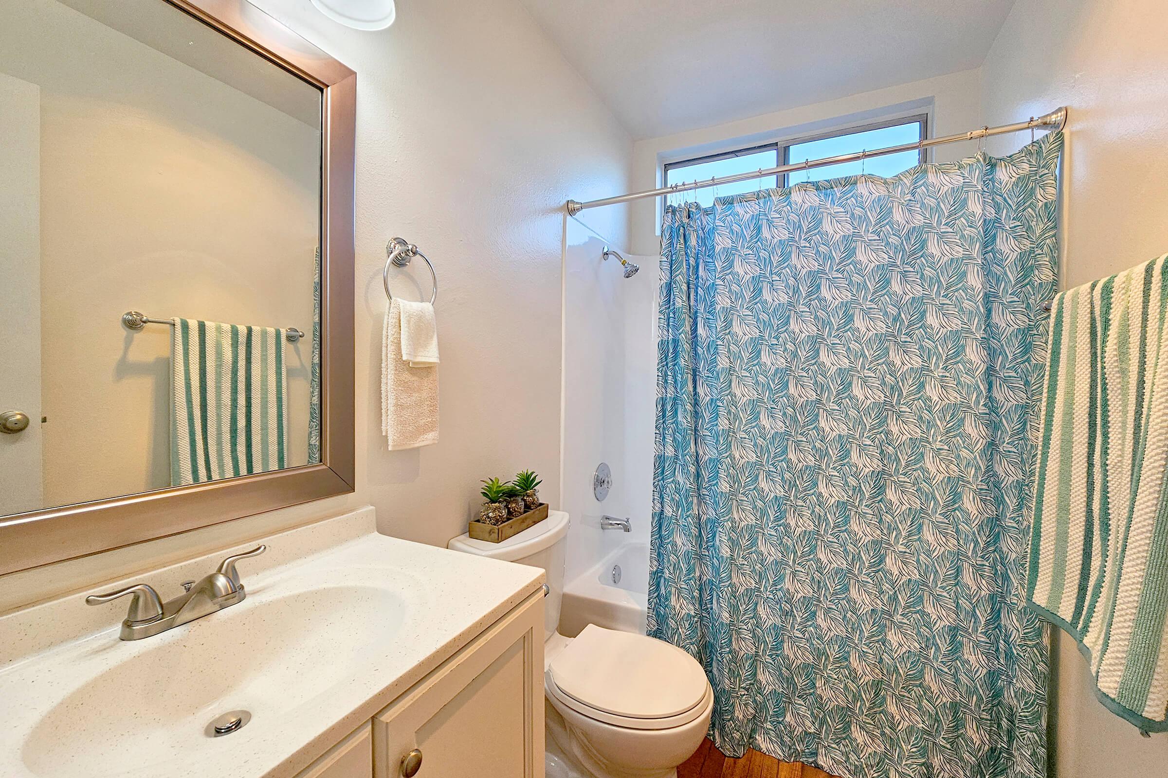 a room with a sink mirror and shower curtain