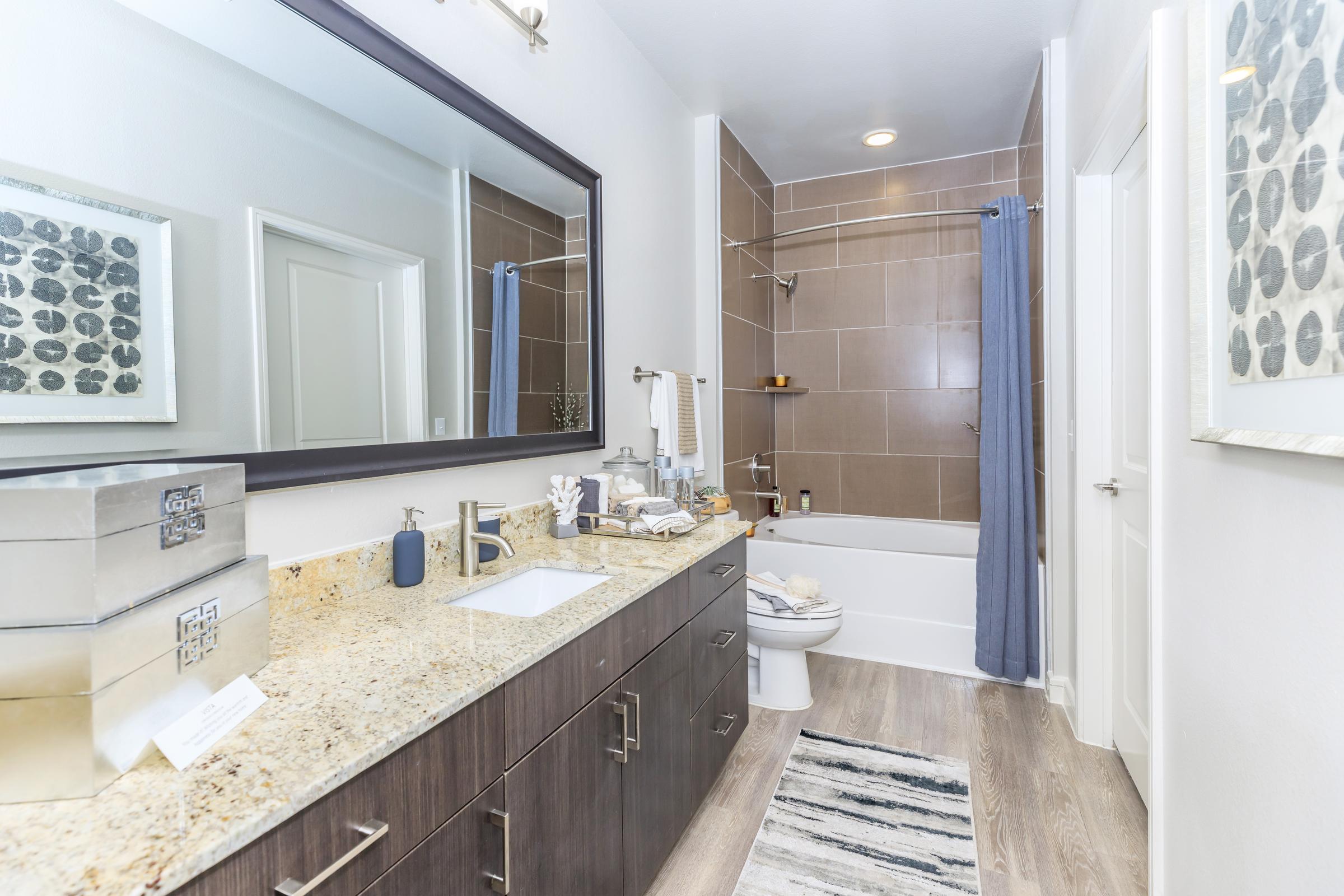 Modern bathroom featuring a granite countertop with decorative boxes, a mirror above the sink, a shower and bathtub combination, and towels hanging from a rack. Light gray walls and a striped rug add to the contemporary aesthetic. Natural light enhances the space, creating a clean and inviting atmosphere.