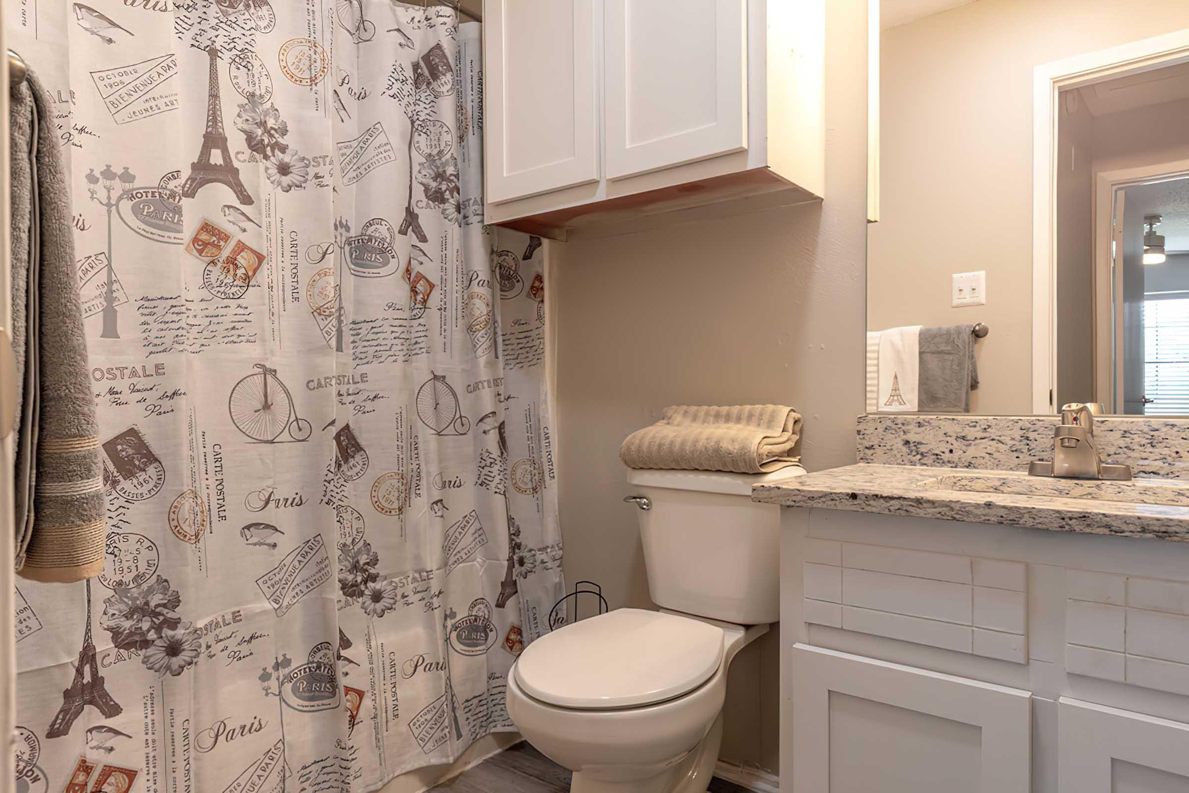 A bathroom featuring a toilet, a countertop with a sink, and a storage cabinet. The shower area is enclosed with a patterned curtain depicting Parisian landmarks and vintage designs. Soft towels are neatly arranged on the countertop, adding a touch of coziness to the space.