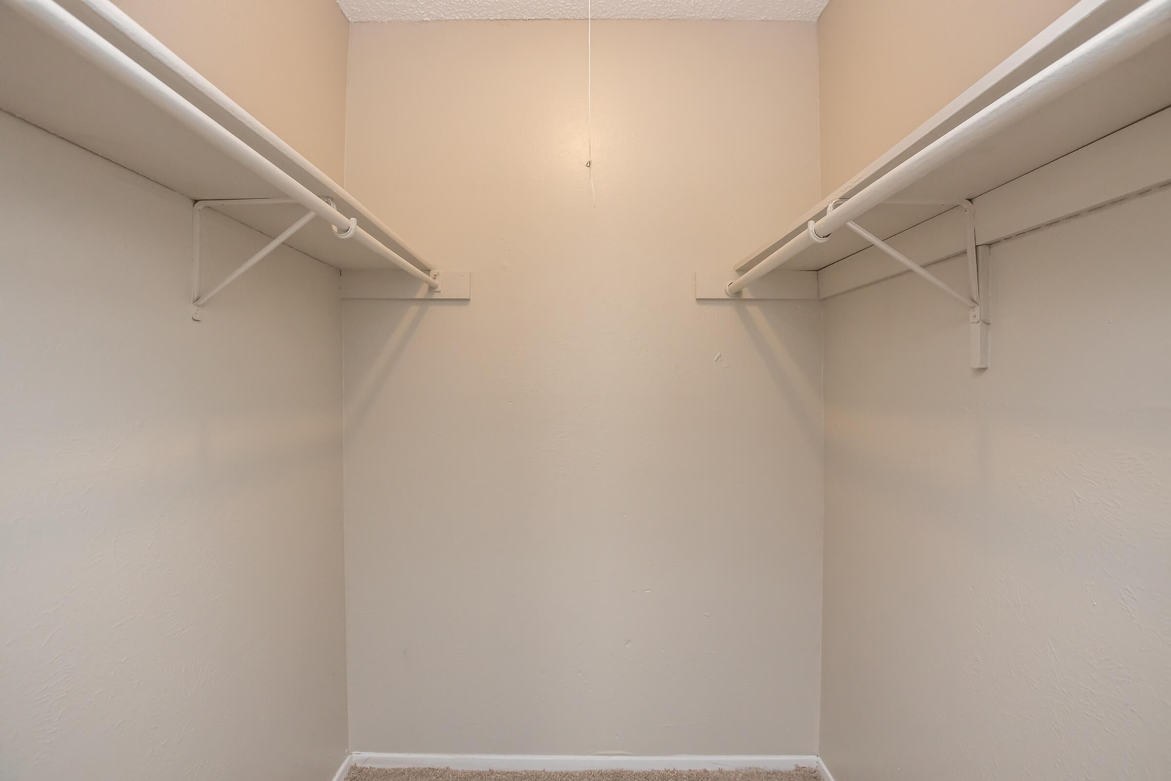 Empty closet with two horizontal rods for hanging clothes, set against a plain light-colored wall. The floor is covered with carpet, and there is a light fixture hanging from the ceiling. The overall appearance is clean and uncluttered.