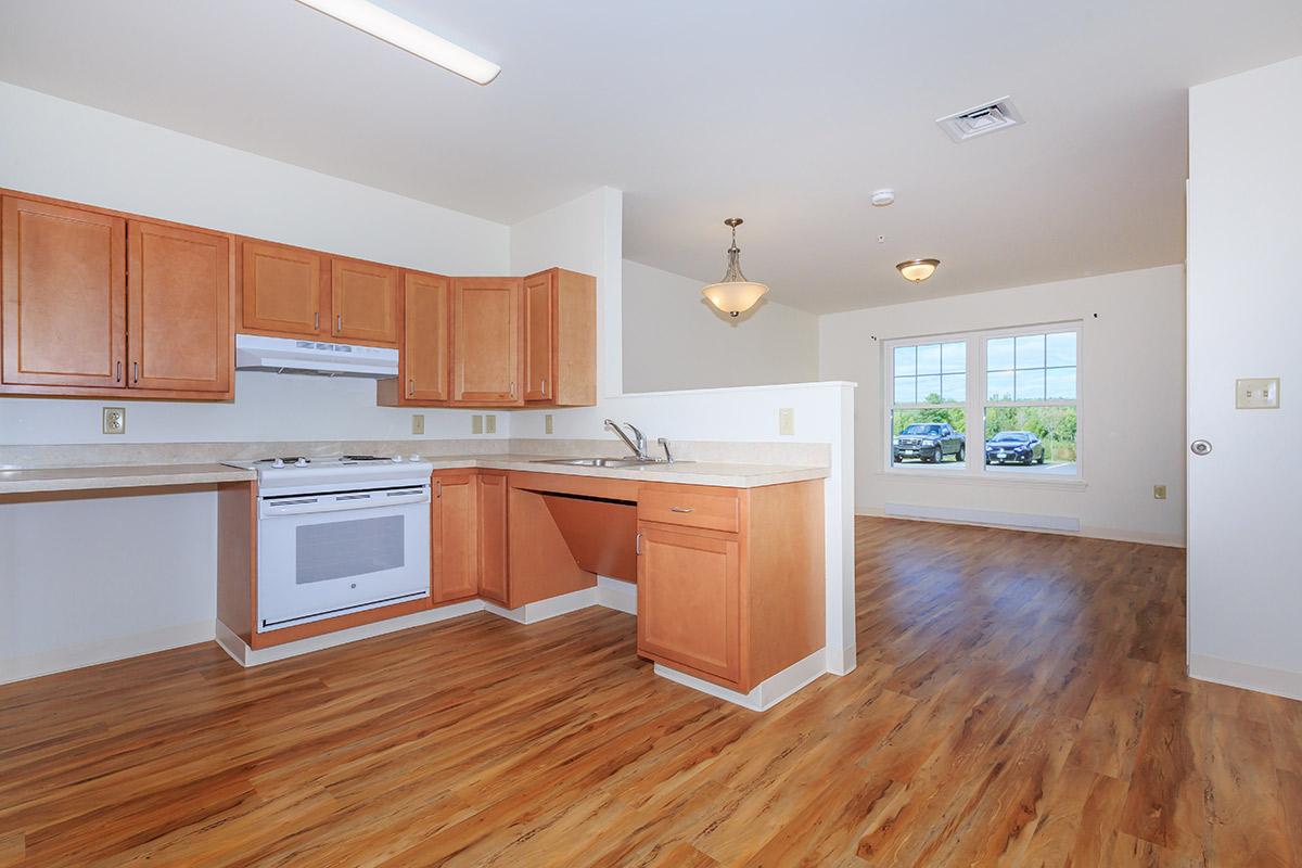 a kitchen with wooden cabinets and a wood floor